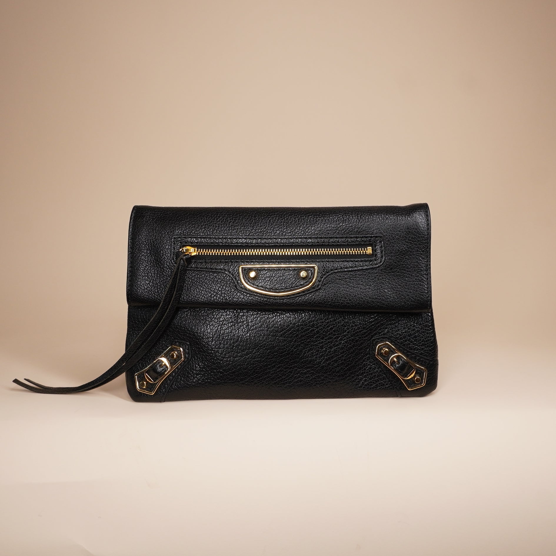 PRE-OWNED Chevre Gold Metallic Edge Hardware Envelope Clutch Black