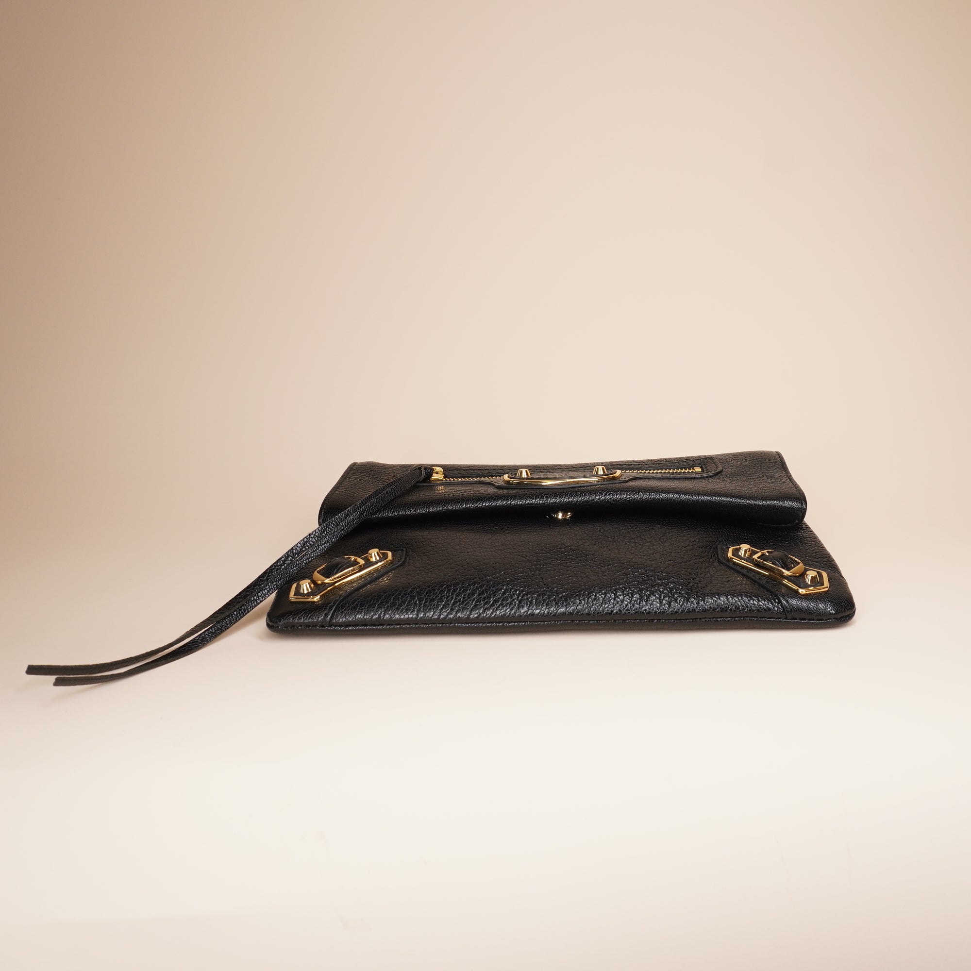 PRE-OWNED Chevre Gold Metallic Edge Hardware Envelope Clutch Black