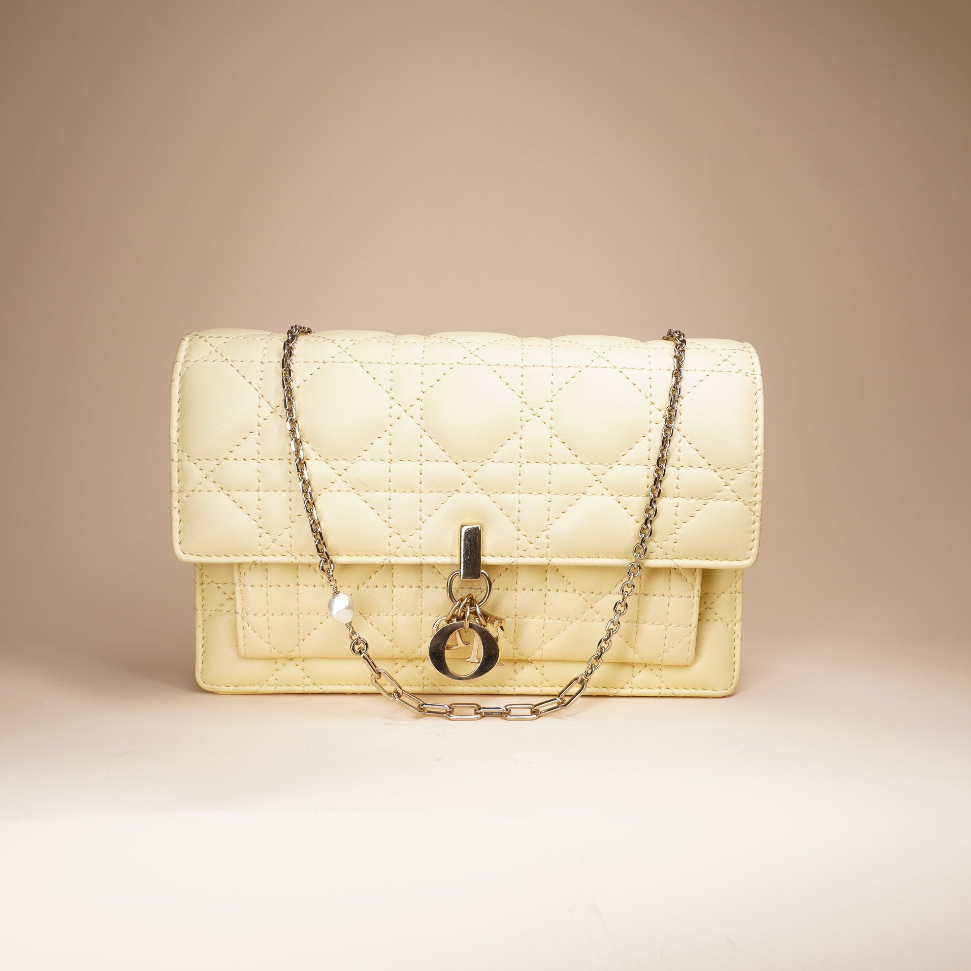 PRE-OWNED Pale Yellow Cannage Quilted Lambskin Leather Miss Dior Chain Pouch