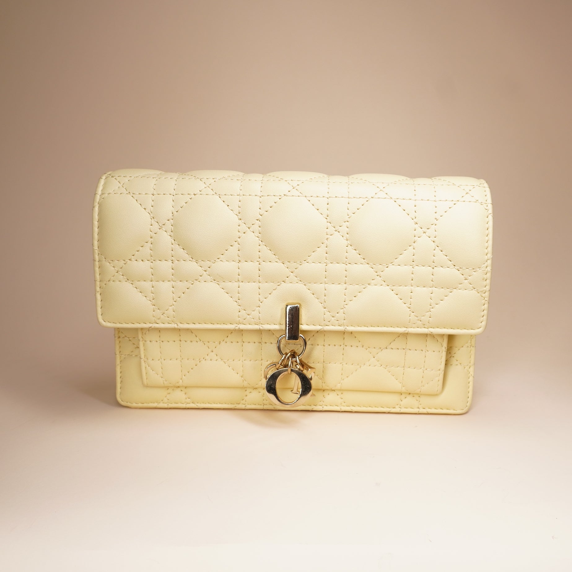 PRE-OWNED Pale Yellow Cannage Quilted Lambskin Leather Miss Dior Chain Pouch