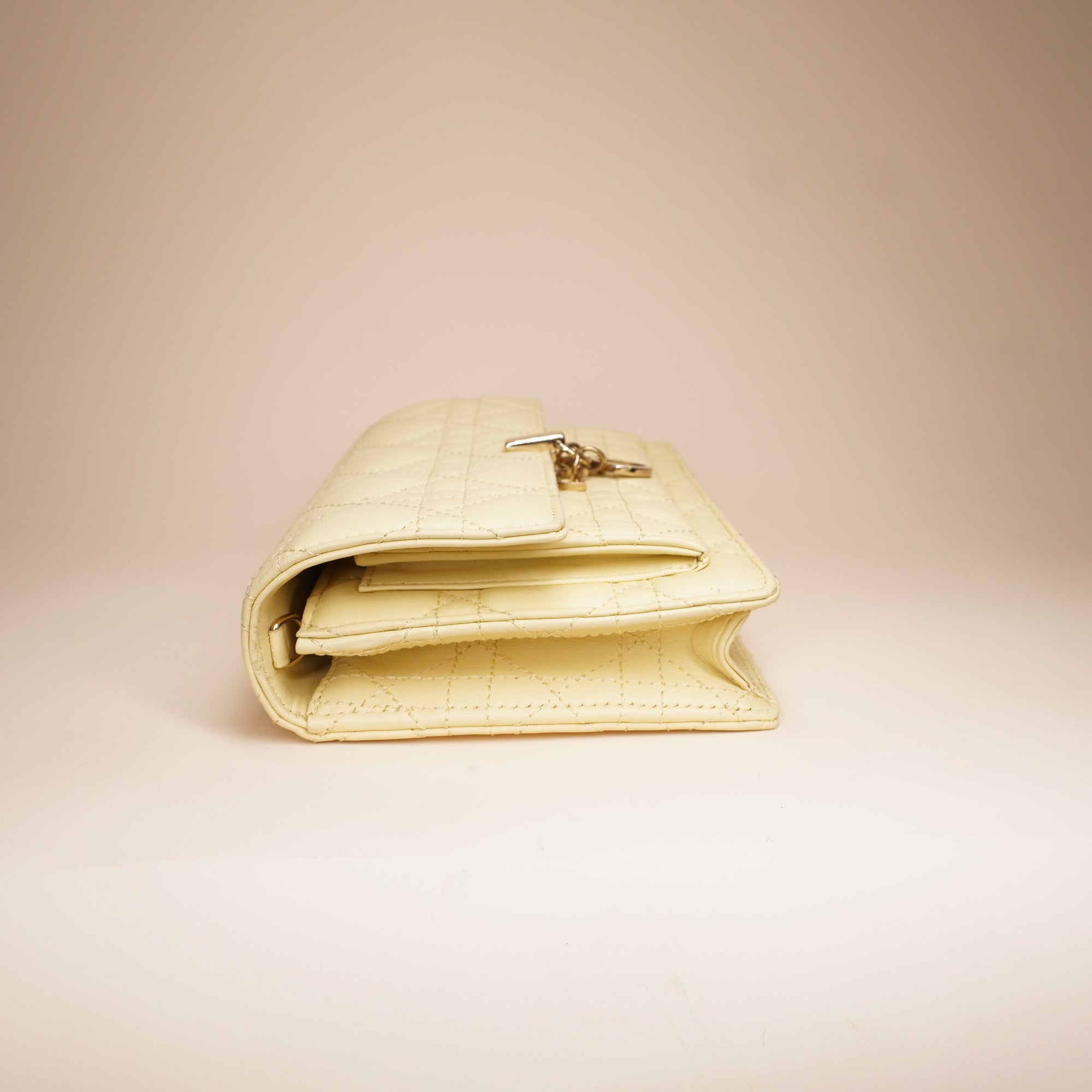 PRE-OWNED Pale Yellow Cannage Quilted Lambskin Leather Miss Dior Chain Pouch