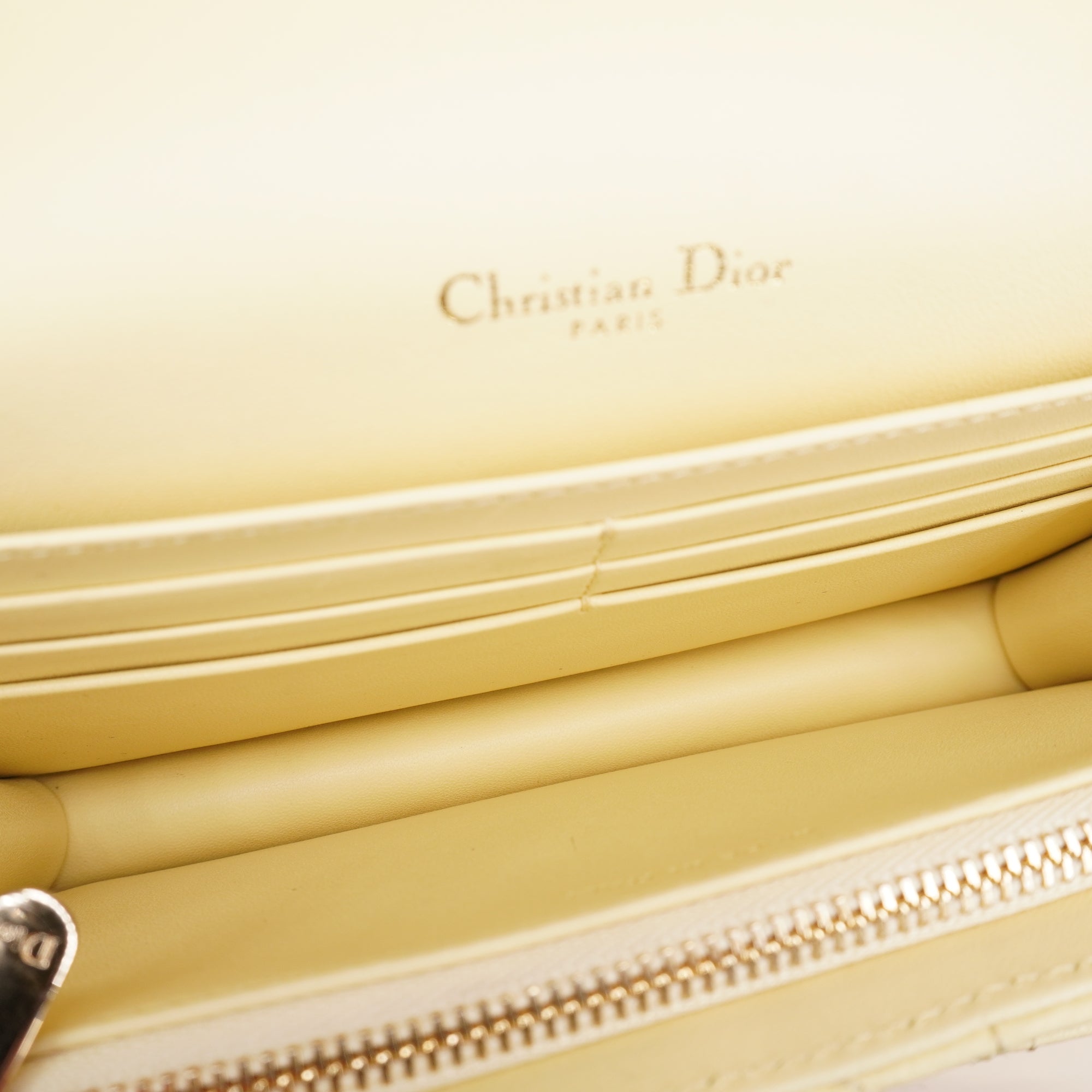 PRE-OWNED Pale Yellow Cannage Quilted Lambskin Leather Miss Dior Chain Pouch