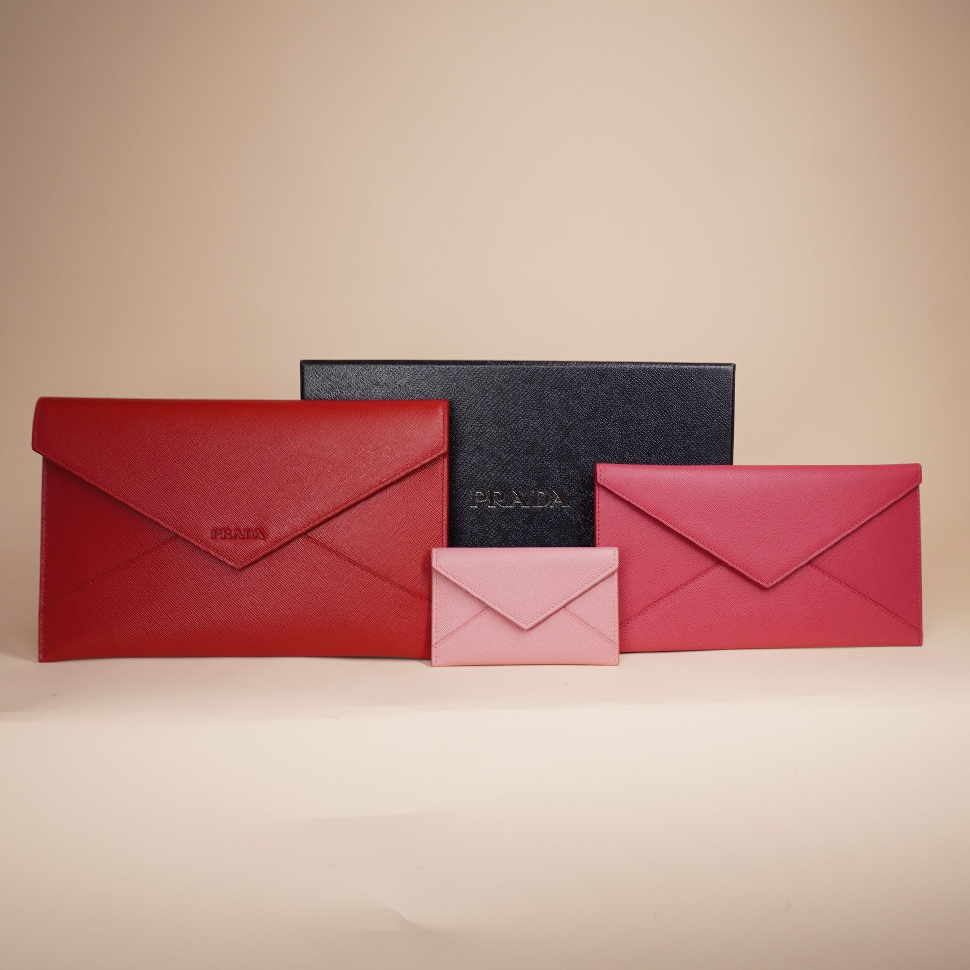 PRE-OWNED Red Saffiano Leather Clutch, Wallet, Coin Purse Set