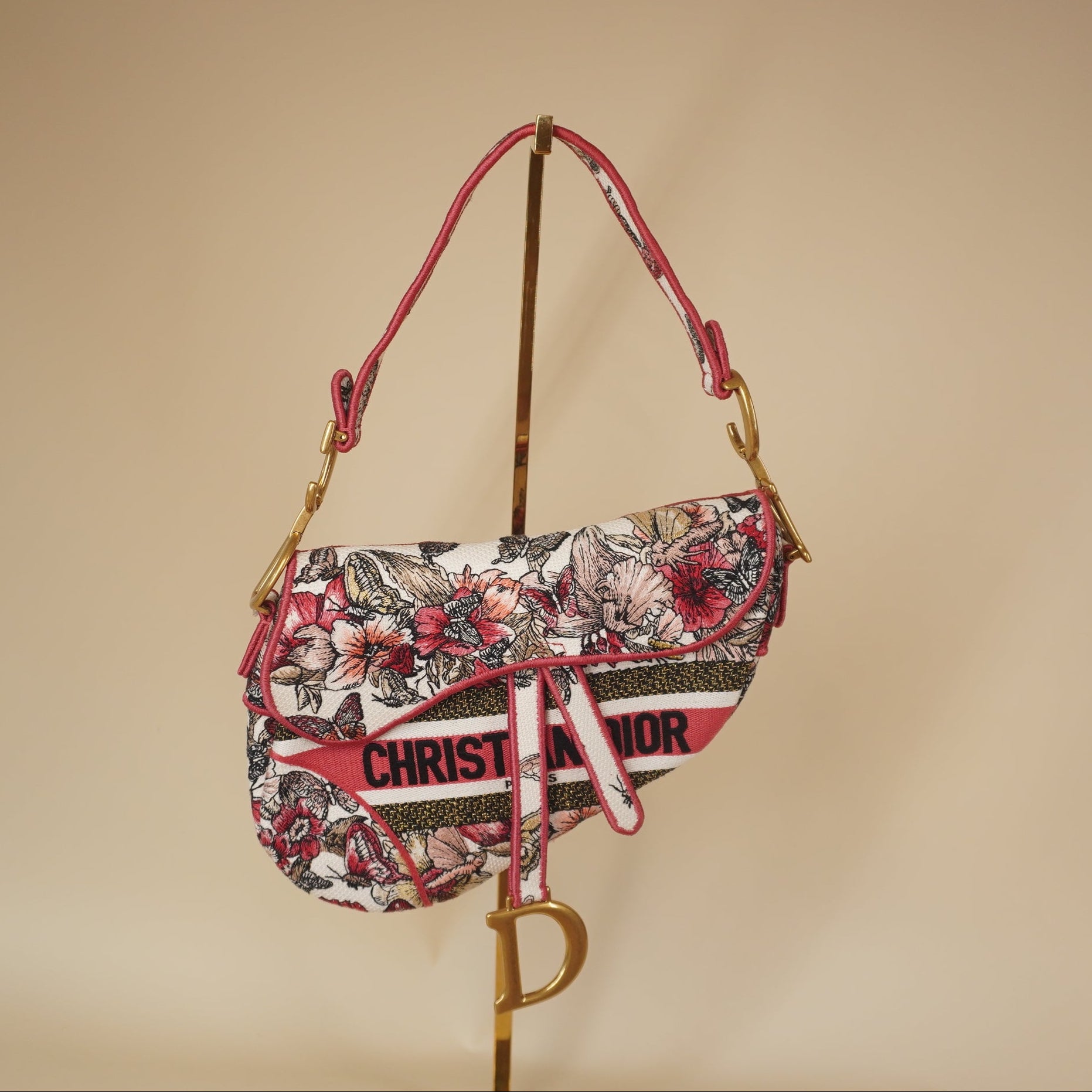 PRE-OWNED Canvas Embroidered Butterfly Print Saddle Bag Pink Multicolor