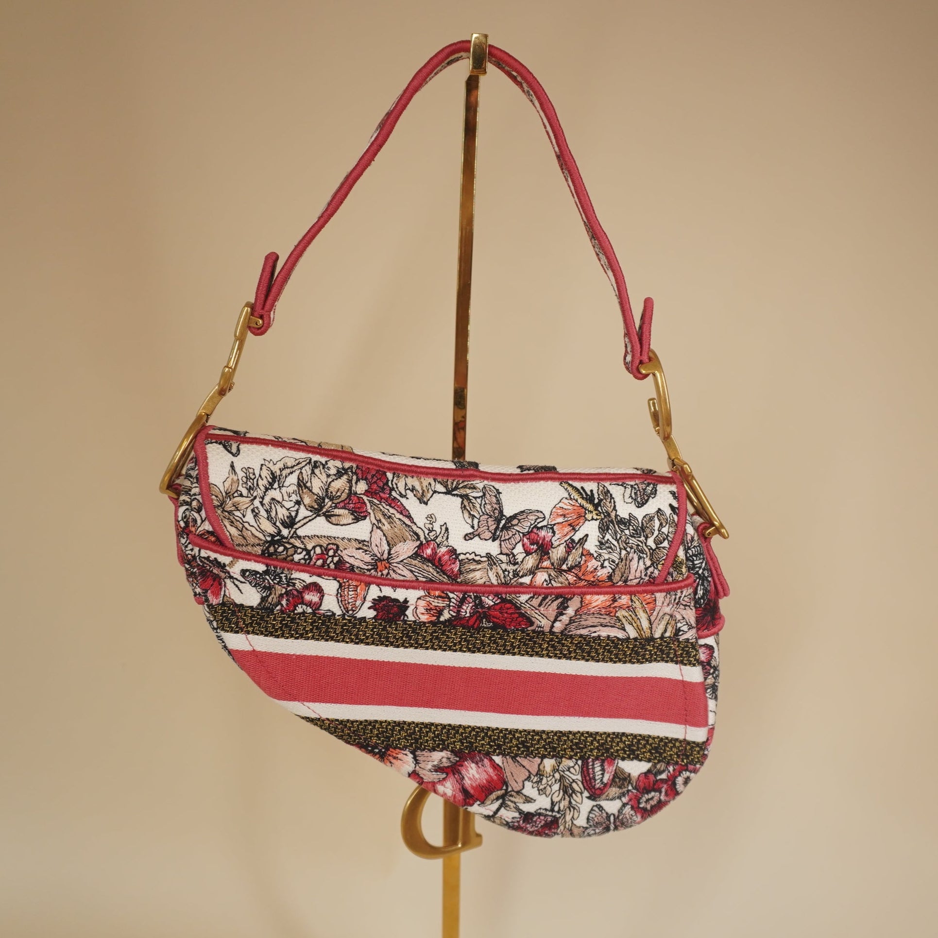PRE-OWNED Canvas Embroidered Butterfly Print Saddle Bag Pink Multicolor