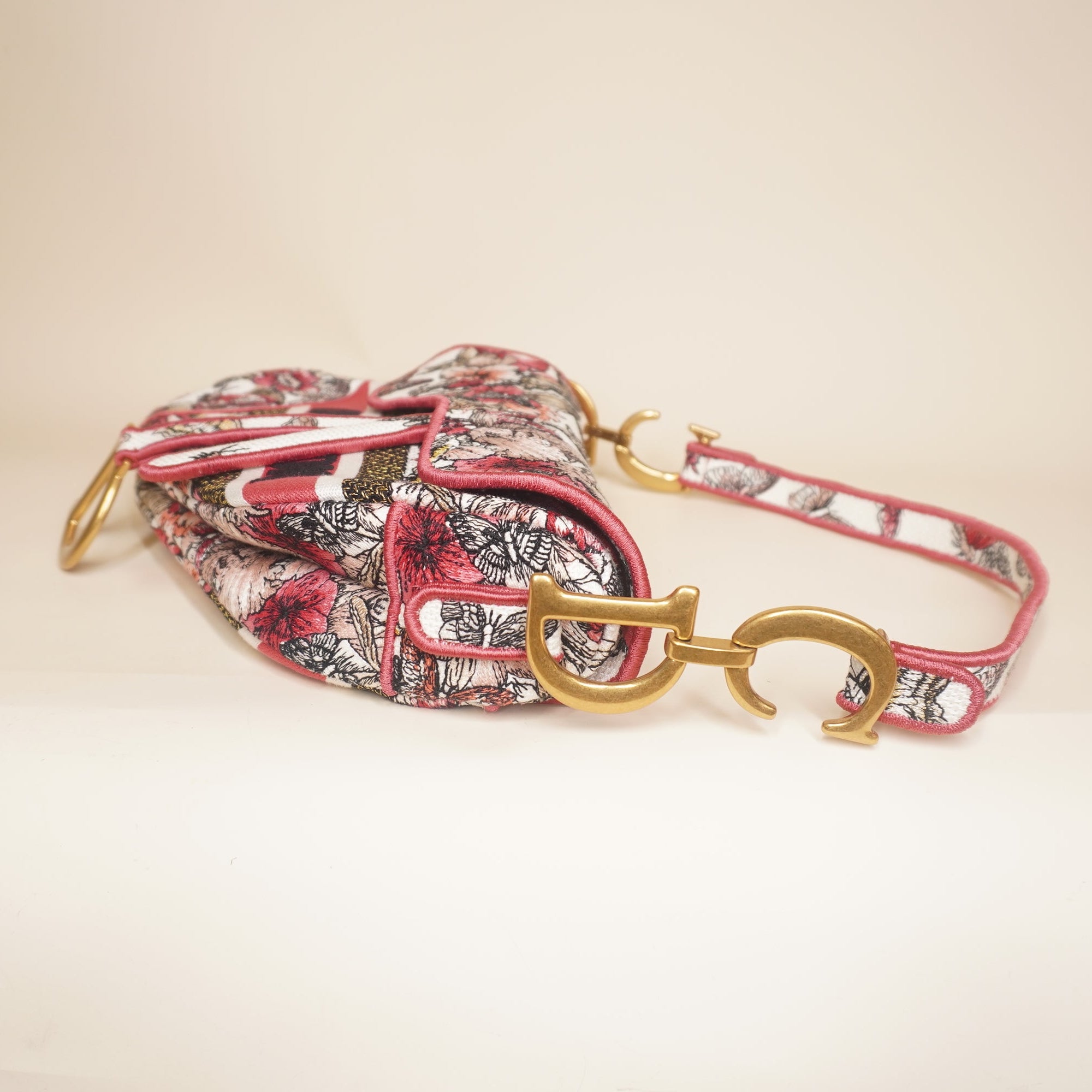 PRE-OWNED Canvas Embroidered Butterfly Print Saddle Bag Pink Multicolor