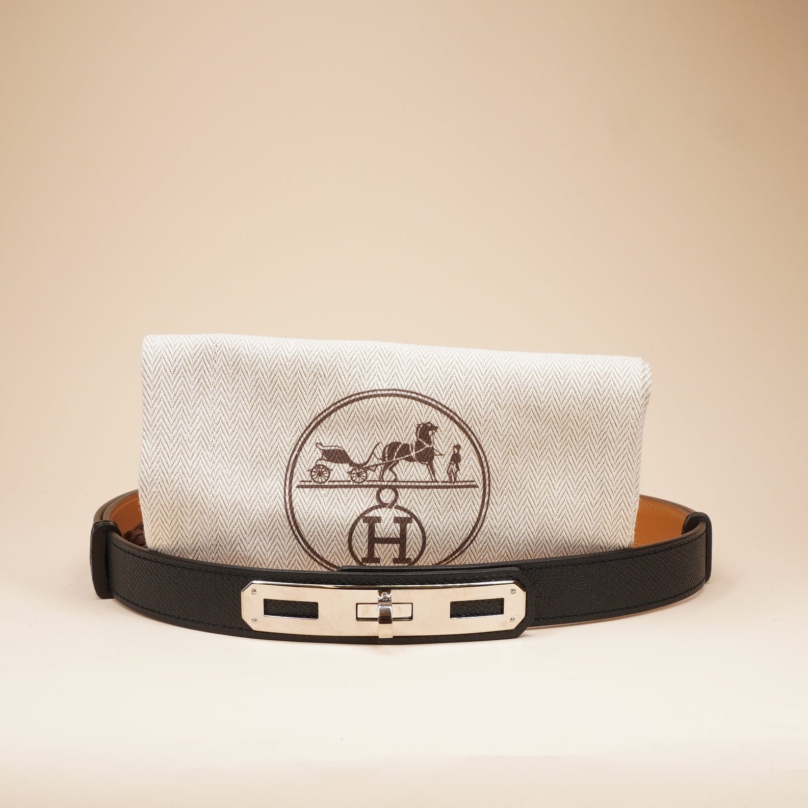 PRE-OWNED Black Leather Kelly Belt with Silver-Tone Hardware