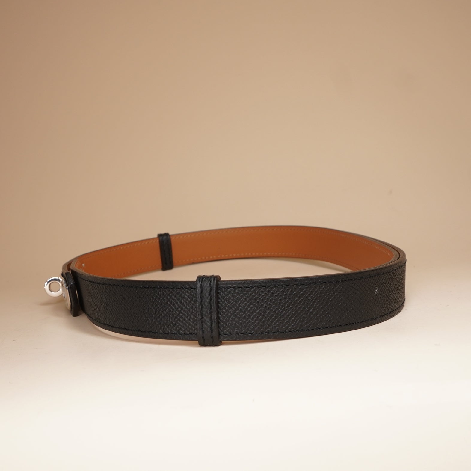 PRE-OWNED Black Leather Kelly Belt with Silver-Tone Hardware