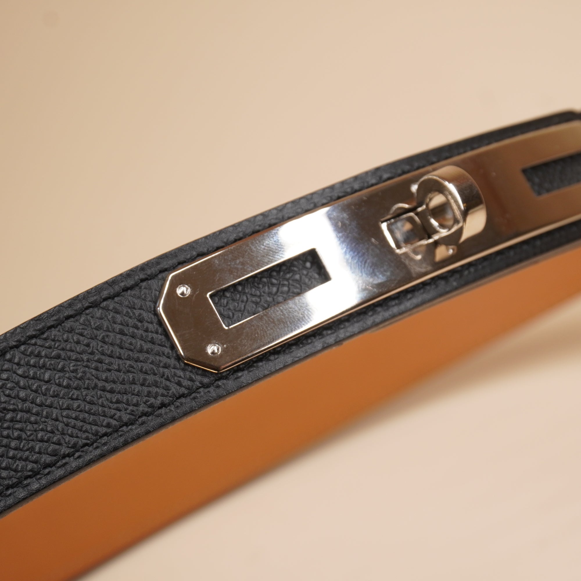 PRE-OWNED Black Leather Kelly Belt with Silver-Tone Hardware