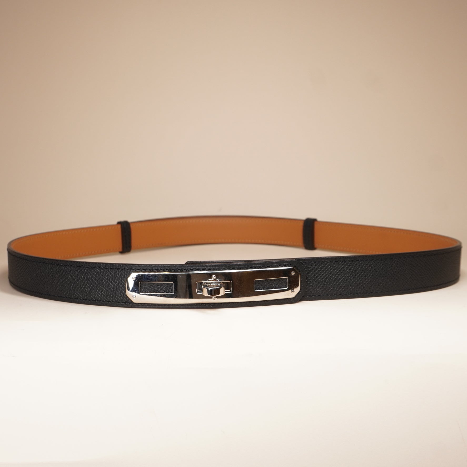 PRE-OWNED Black Leather Kelly Belt with Silver-Tone Hardware
