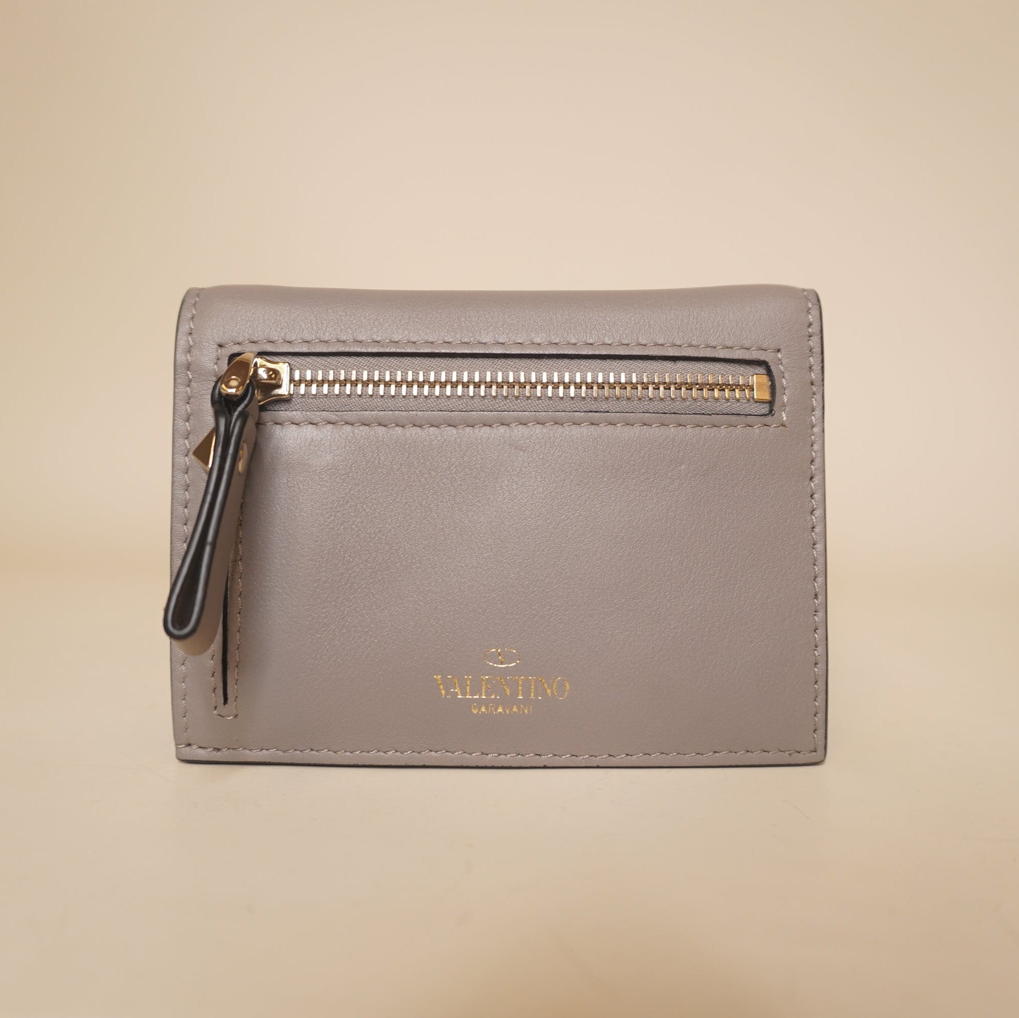 PRE-OWNED Calfskin Rockstud French Flap Wallet Poudre