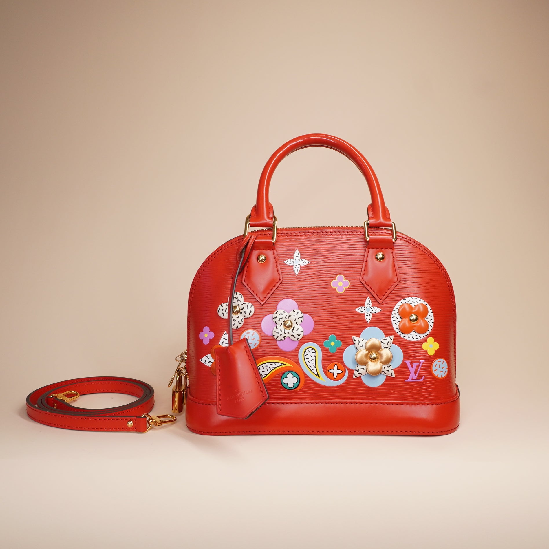 PRE-OWNED LV Red Epi Alma BB Limited Edition Floral Patchwork Shoulder Bag