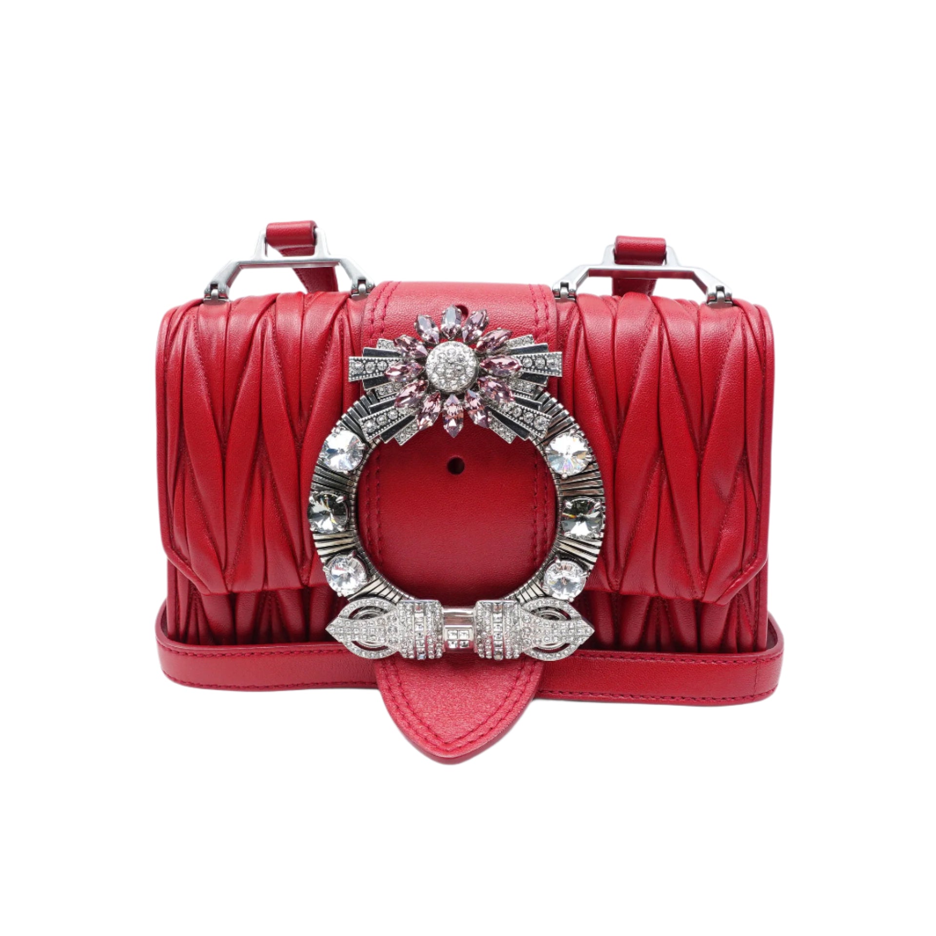 Bolso de hombro para mujer de napa roja matelasse con adornos de cristales USADO