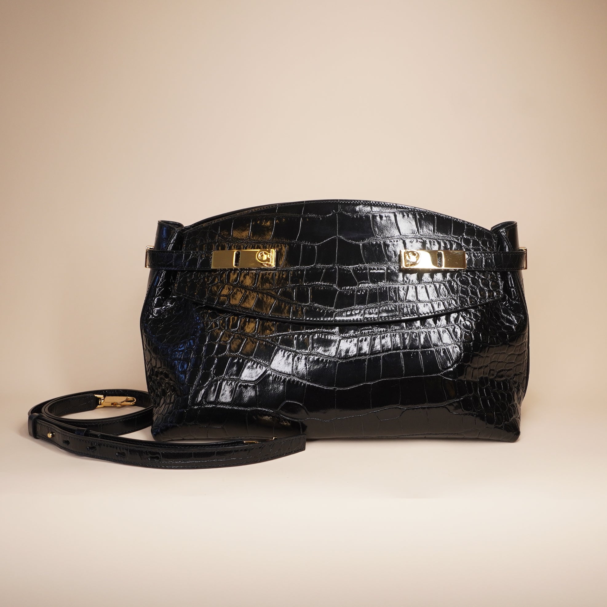 PRE-OWNED Black Croc Patent Leather Shoulder Bag