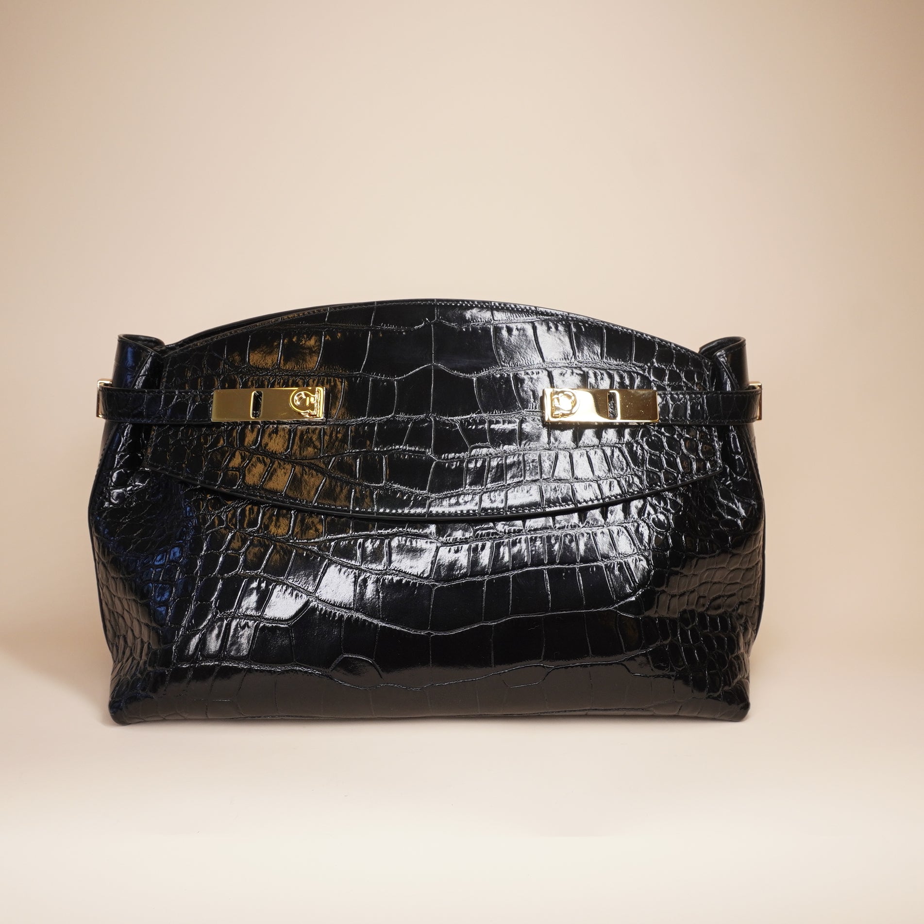 PRE-OWNED Black Croc Patent Leather Shoulder Bag