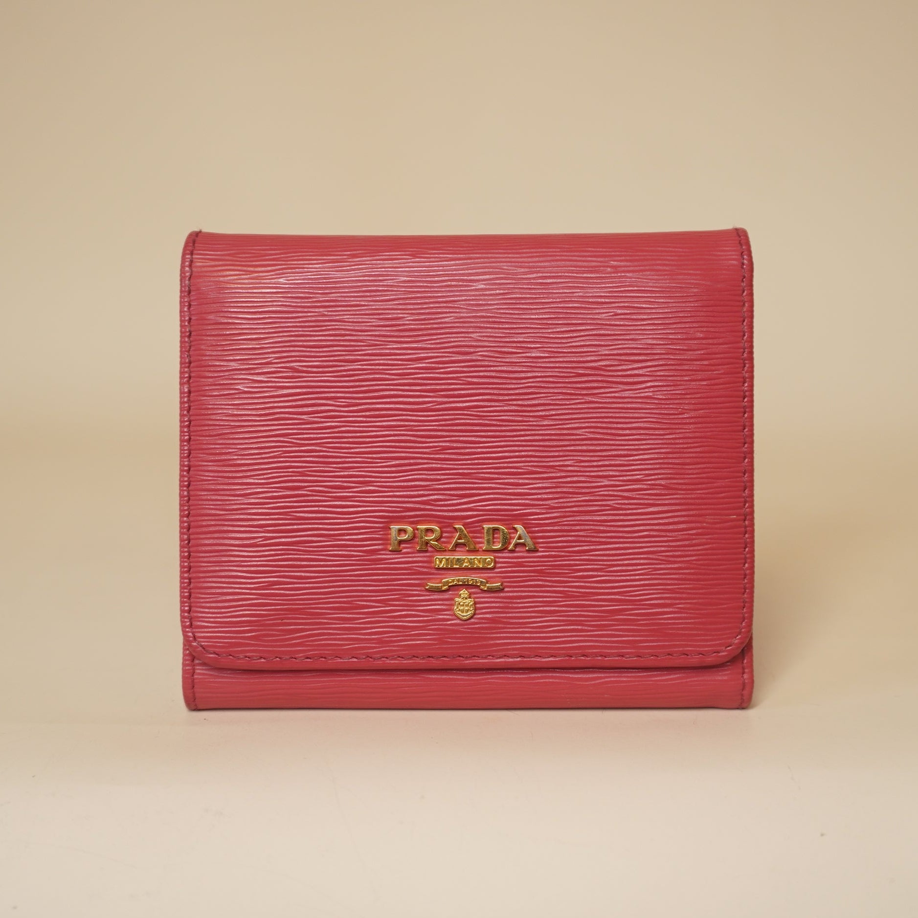 PRE-OWNED Pink Vitello Move Tri-Fold Compact Wallet Peonia