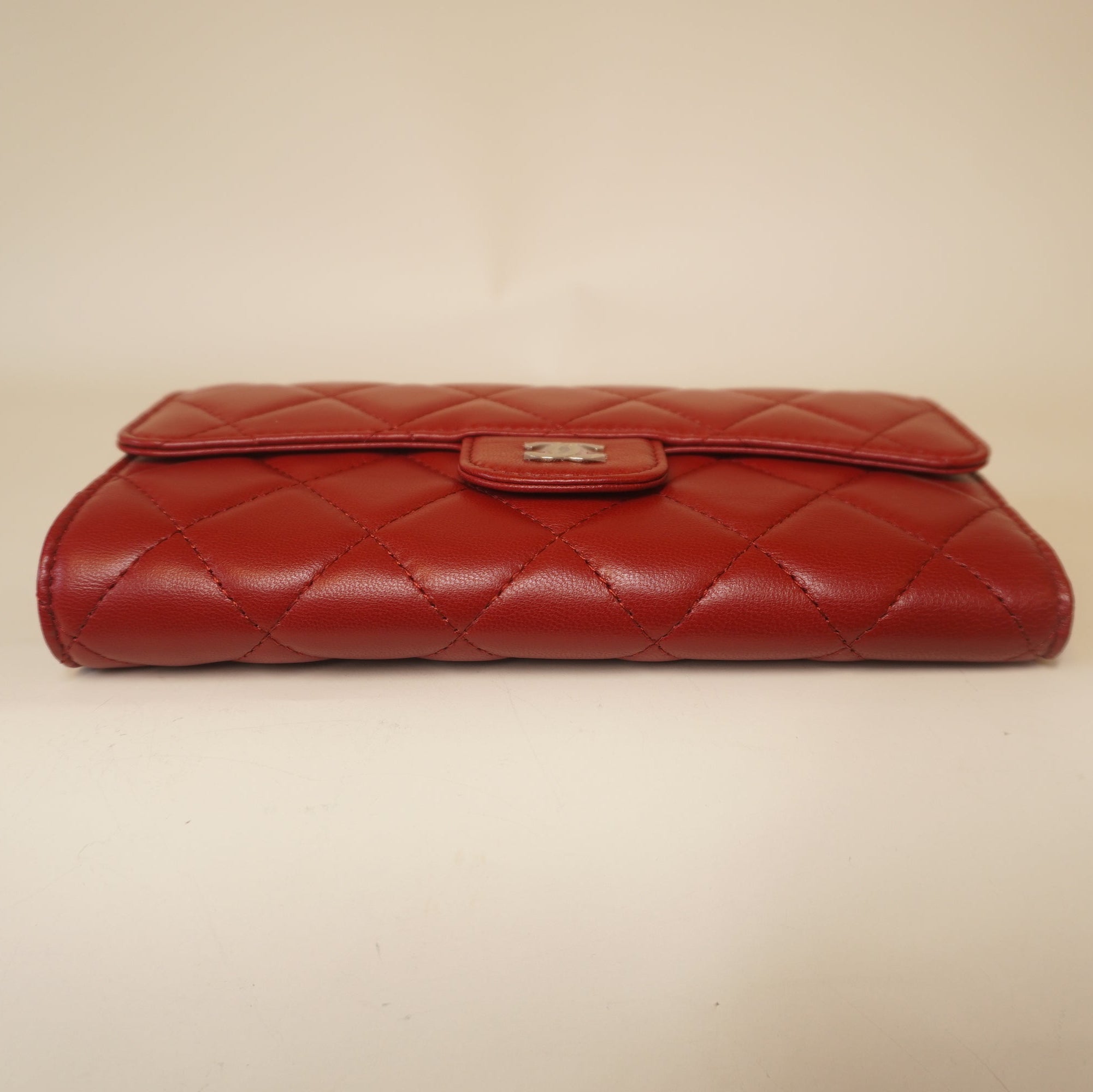 PRE-OWNED CC Red Lambskin Quilted Large Flap Wallet