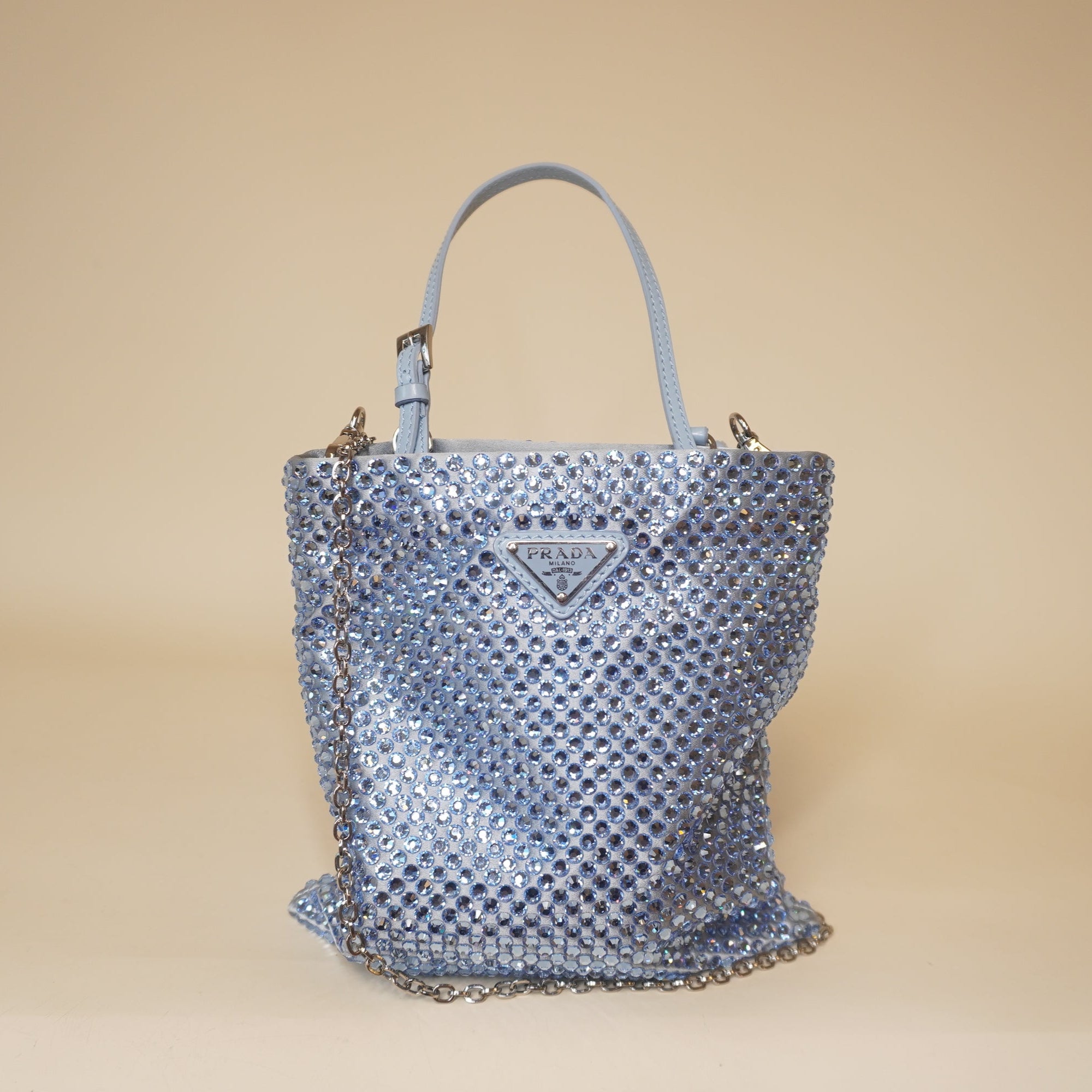 PRE-OWNED Satin Crystal Metal Triangle Logo Chain Shoulder Bag 
