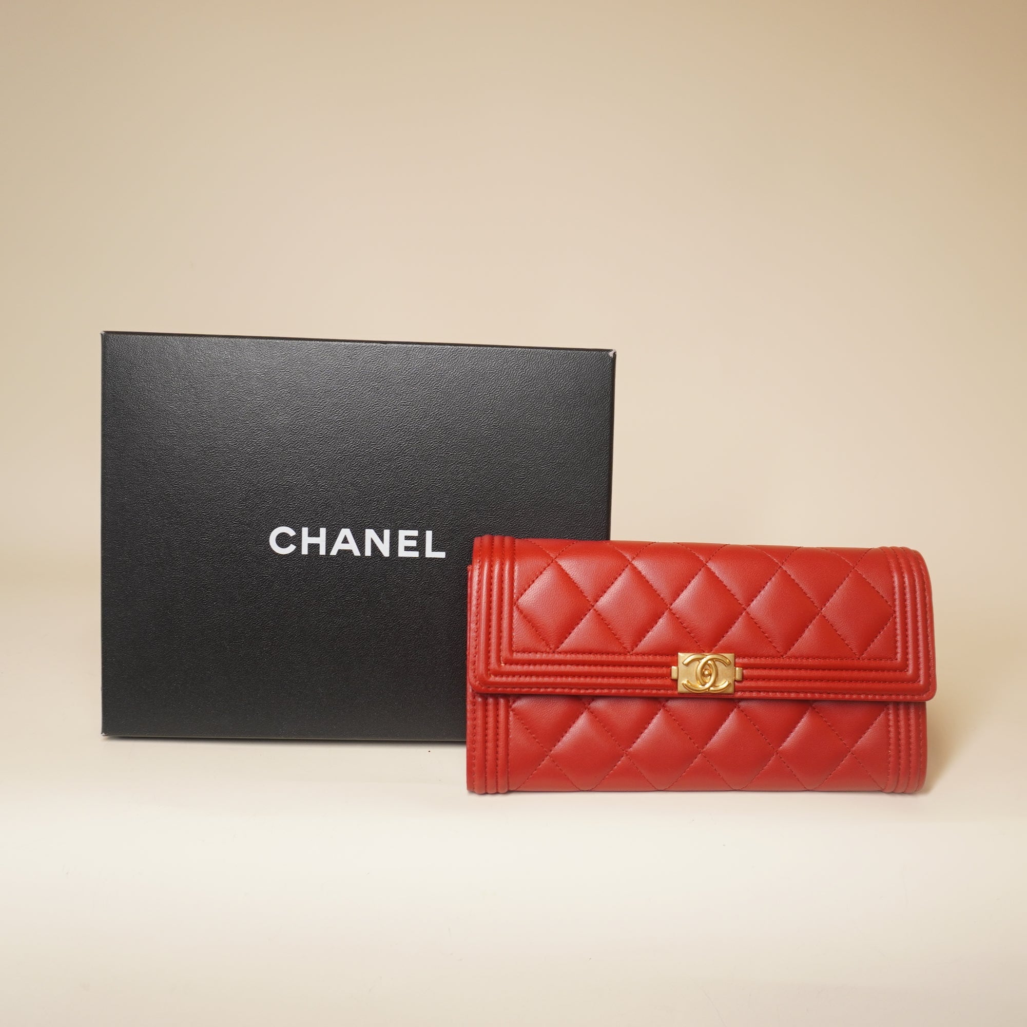 PRE-OWNED CC Red Lambskin Quilted Boy Flap Wallet