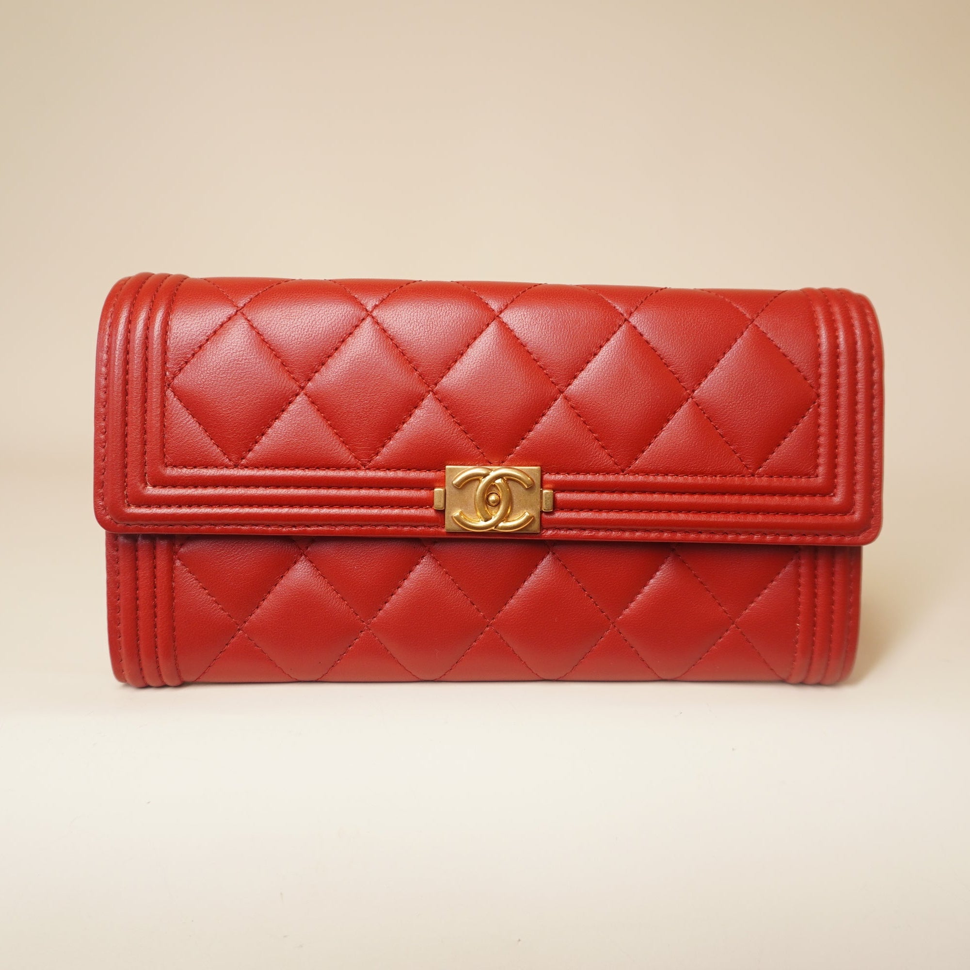 PRE-OWNED CC Red Lambskin Quilted Boy Flap Wallet