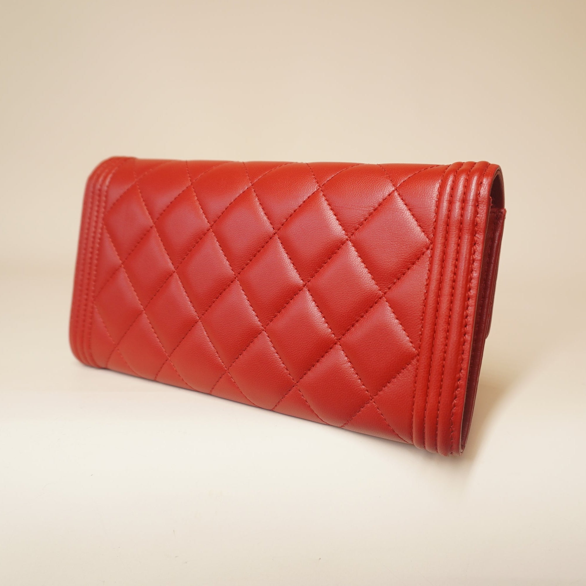 PRE-OWNED CC Red Lambskin Quilted Boy Flap Wallet