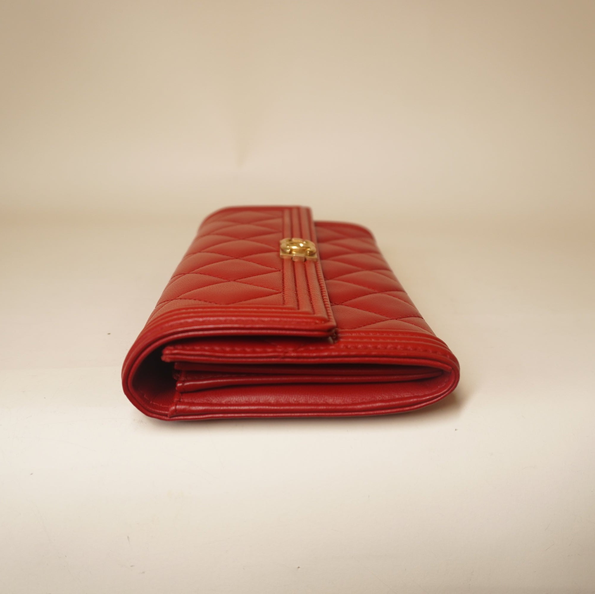 PRE-OWNED CC Red Lambskin Quilted Boy Flap Wallet
