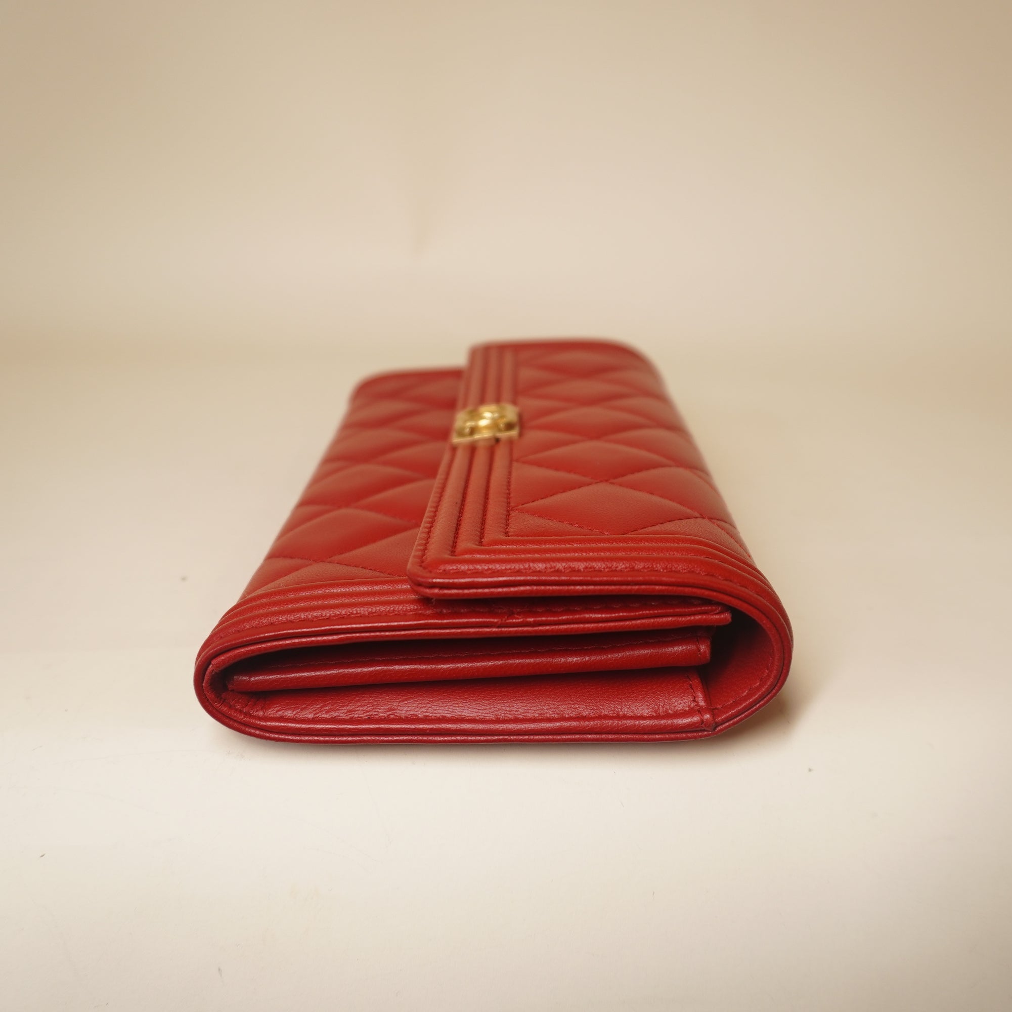 PRE-OWNED CC Red Lambskin Quilted Boy Flap Wallet