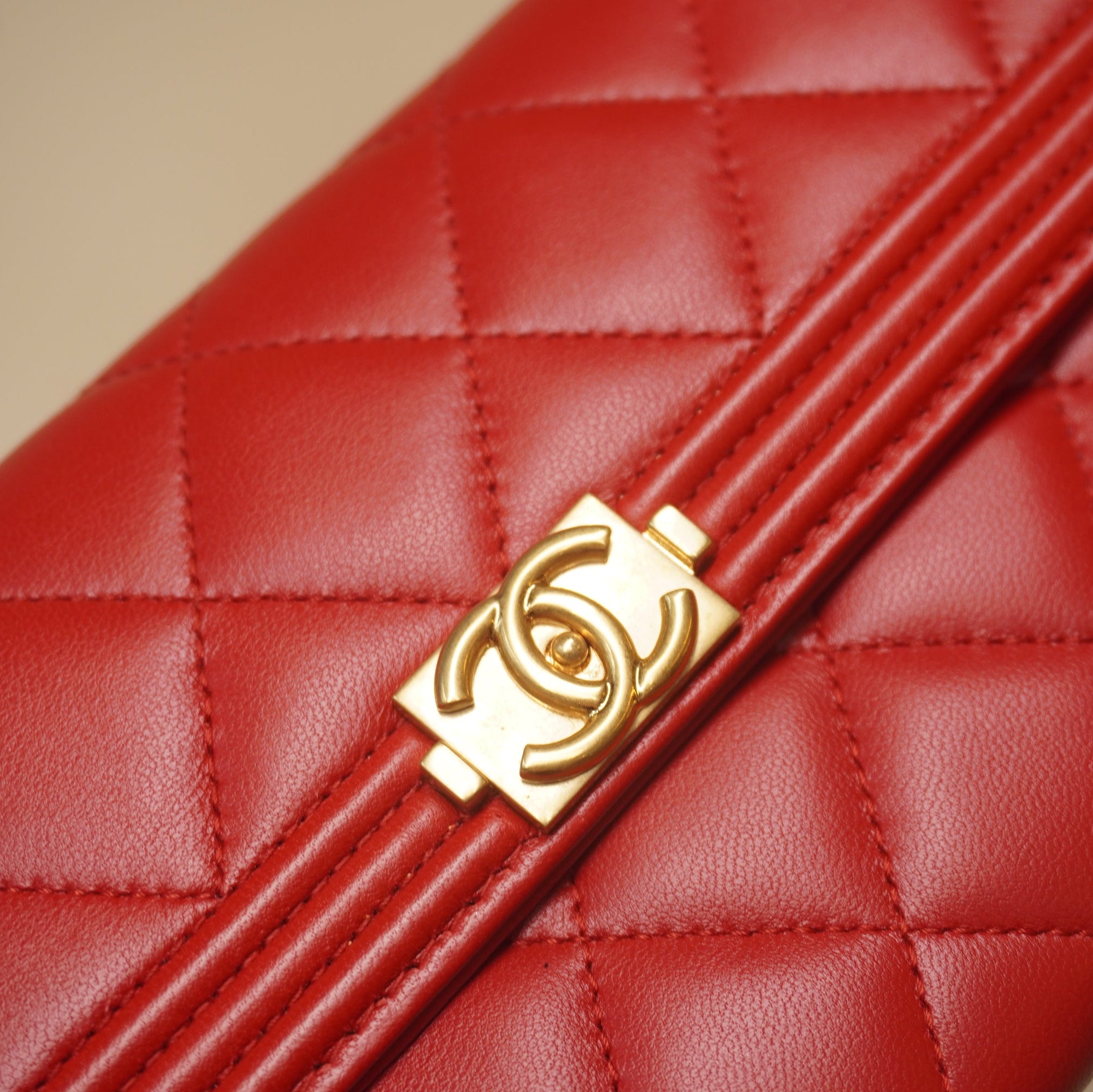 PRE-OWNED CC Red Lambskin Quilted Boy Flap Wallet