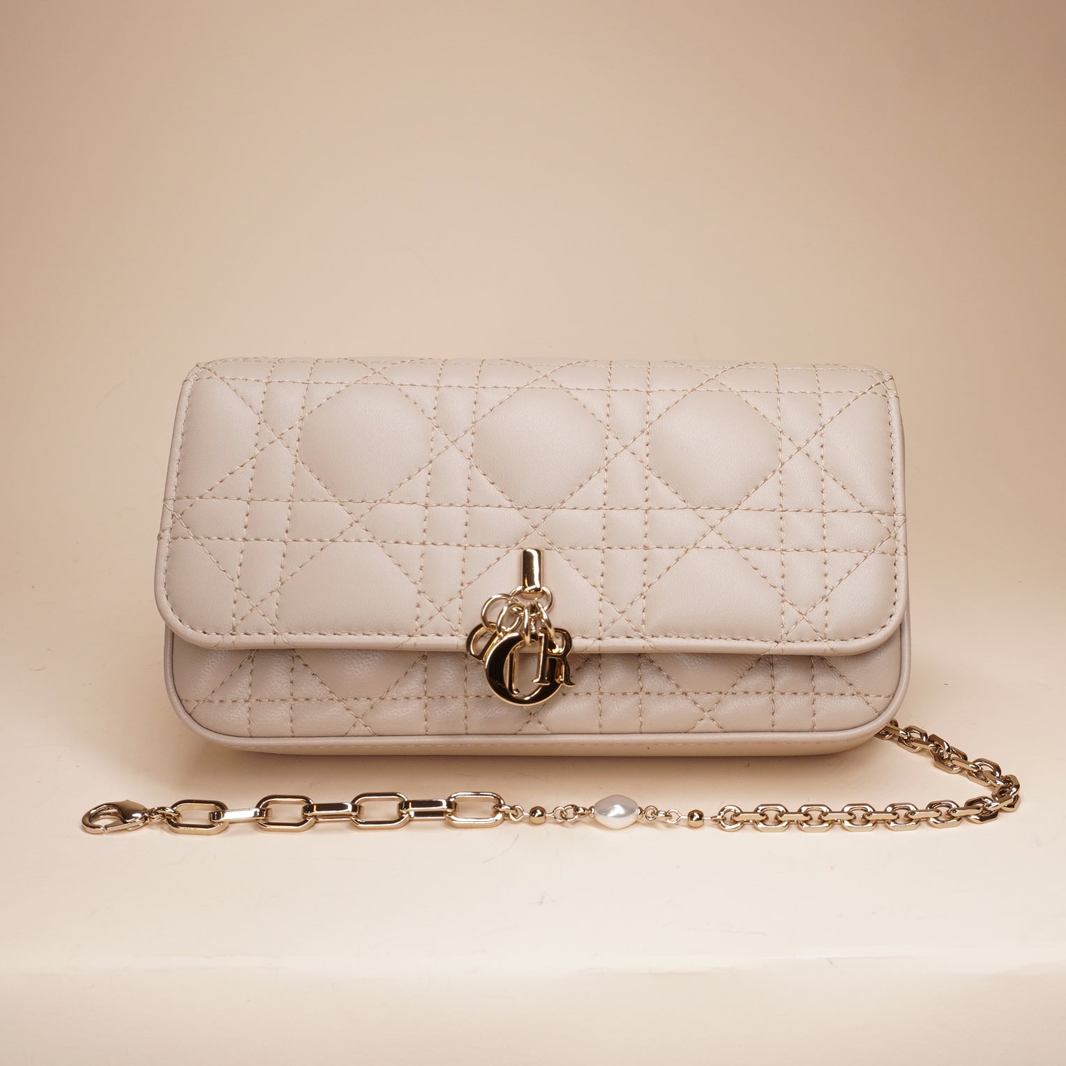 PRE-OWNED Beige Lambskin Cannage Dior Talk Phone Pouch Crossbody Bag