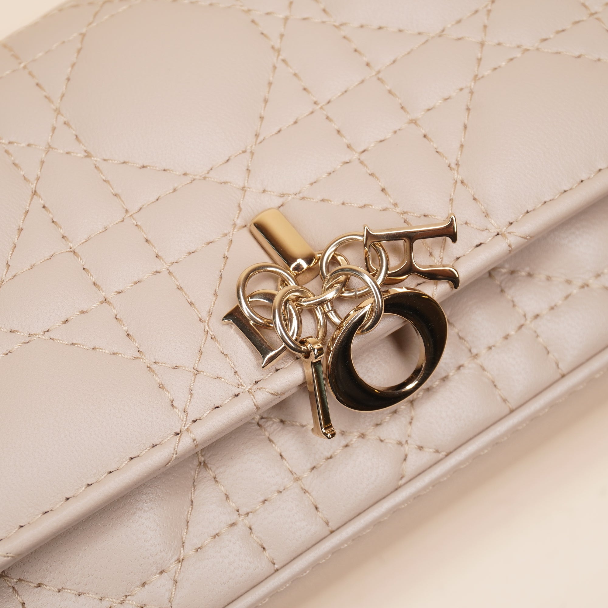 PRE-OWNED Beige Lambskin Cannage Dior Talk Phone Pouch Crossbody Bag