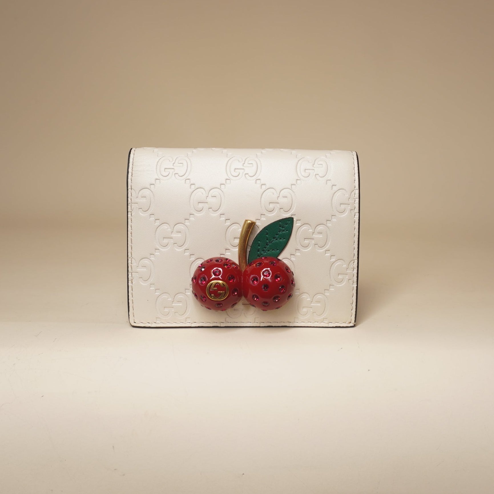PRE-OWNED Guccissima Cherries Card Case Wallet White