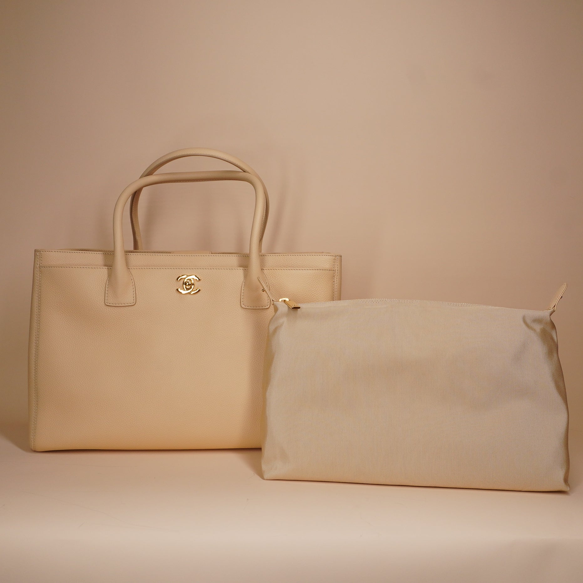 PRE-OWNED CC Calfskin Cerf Executive Shopper Tote Beige Clair