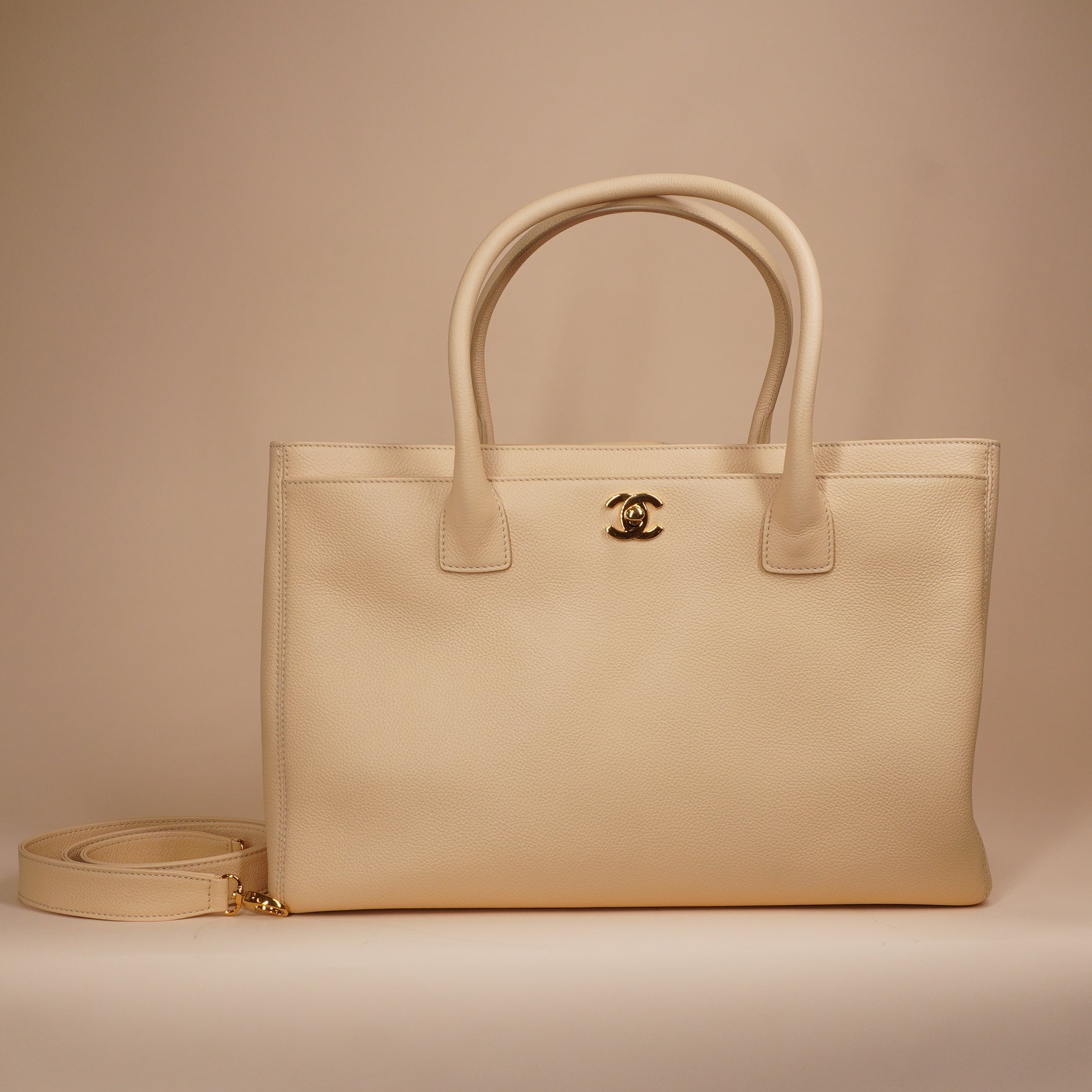 PRE-OWNED CC Calfskin Cerf Executive Shopper Tote Beige Clair