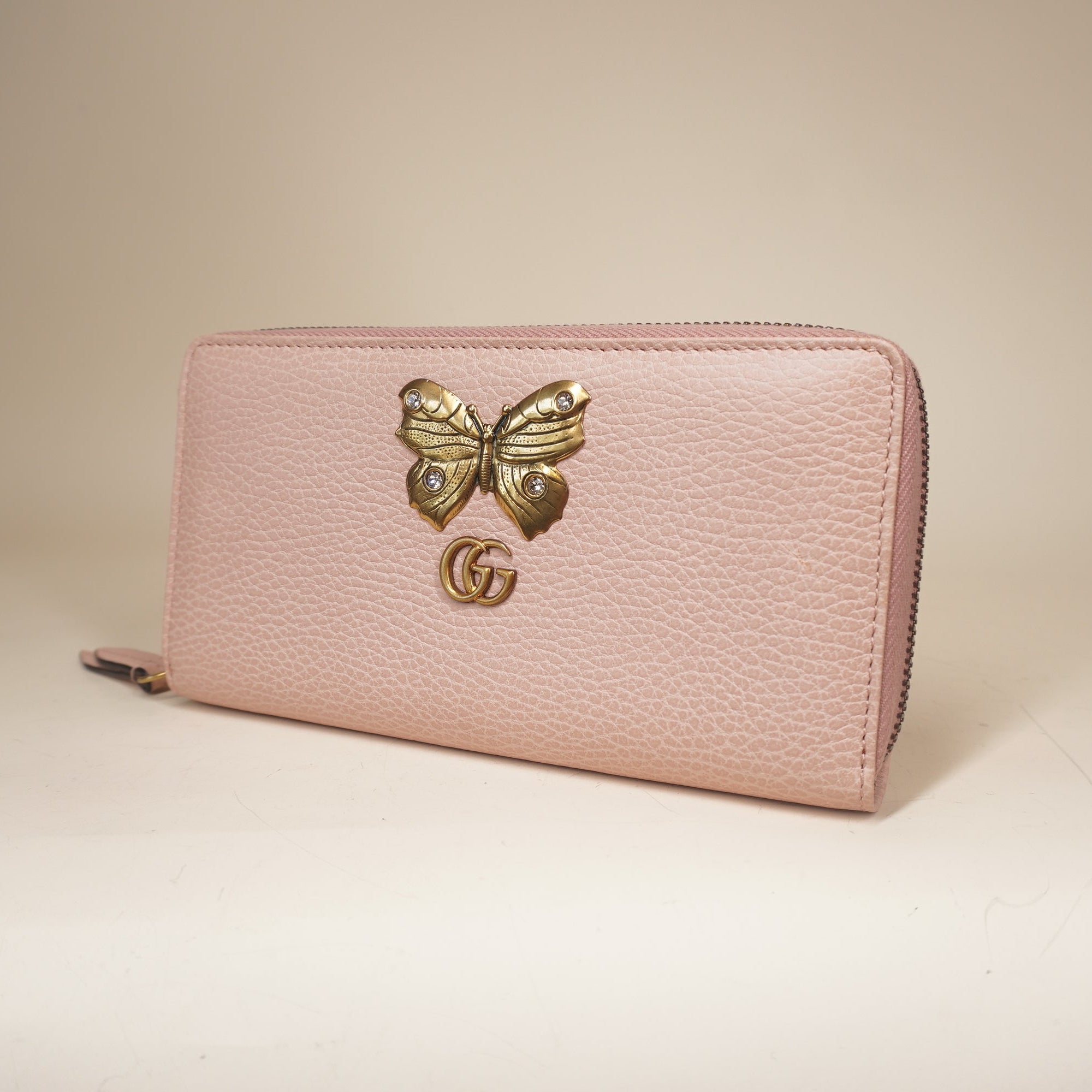PRE-OWNED Calfskin Butterfly Farfalla Zip Around Wallet Perfect Pink