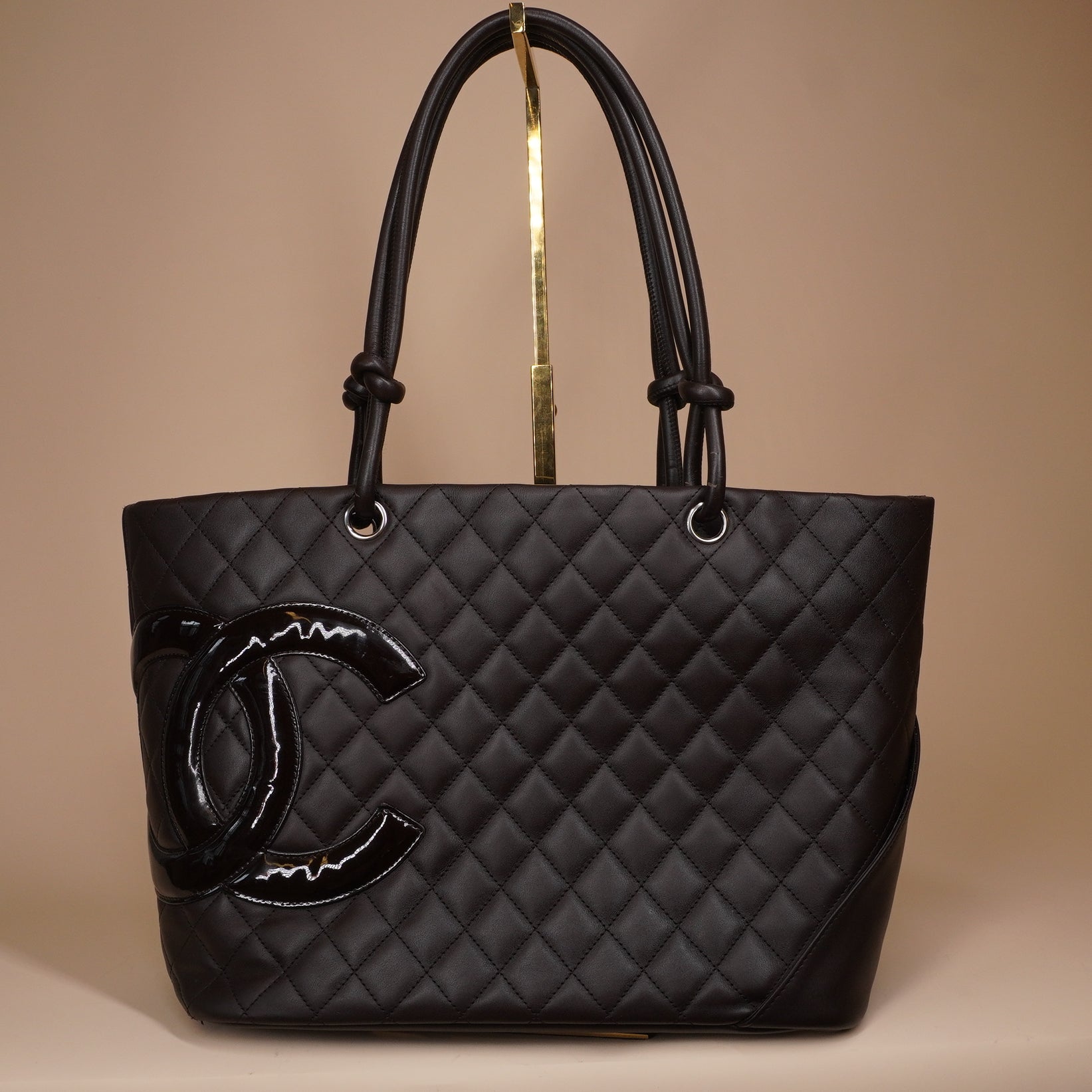 PRE-OWNED CC Dark Brown Calfskin Quilted Large Cambon Tote