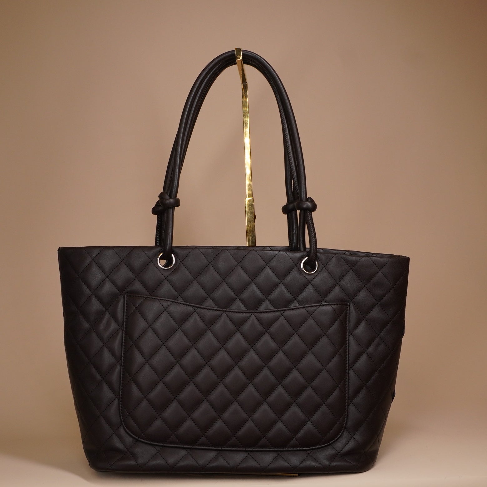 PRE-OWNED CC Dark Brown Calfskin Quilted Large Cambon Tote
