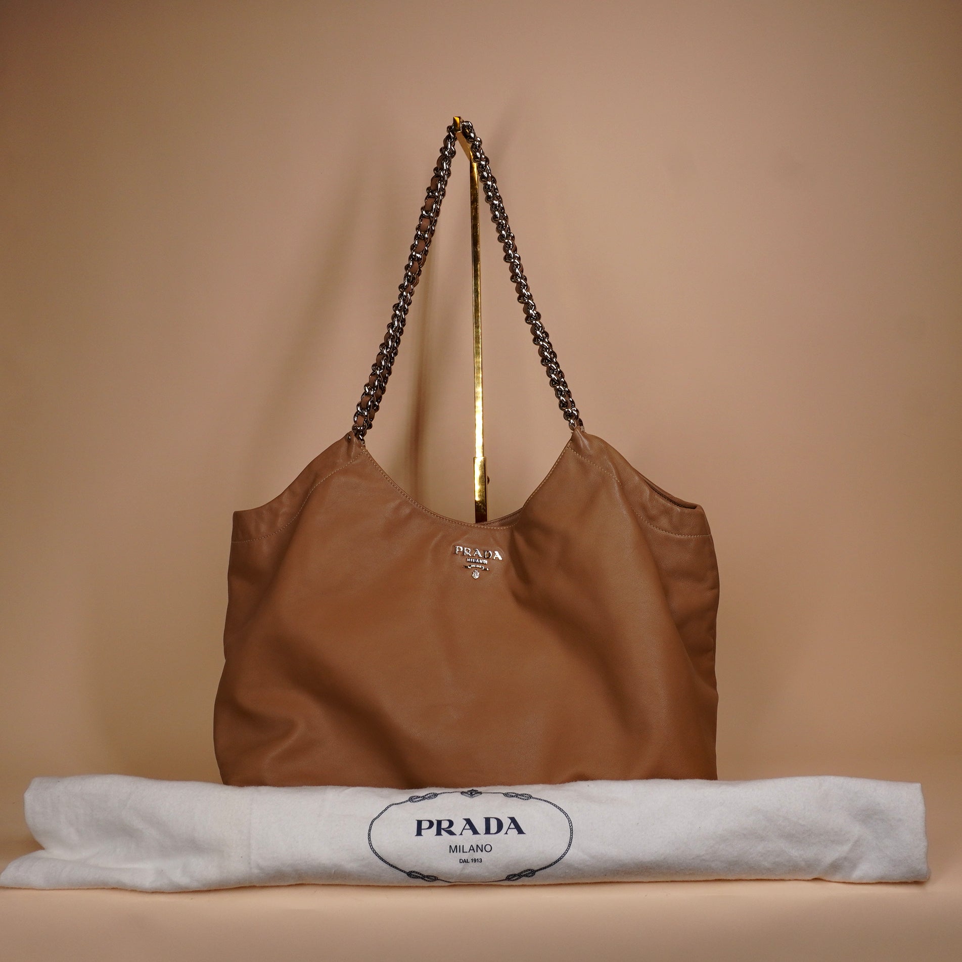 PRE-OWNED Camel Soft Calf Chain Tote Shoulder Bag