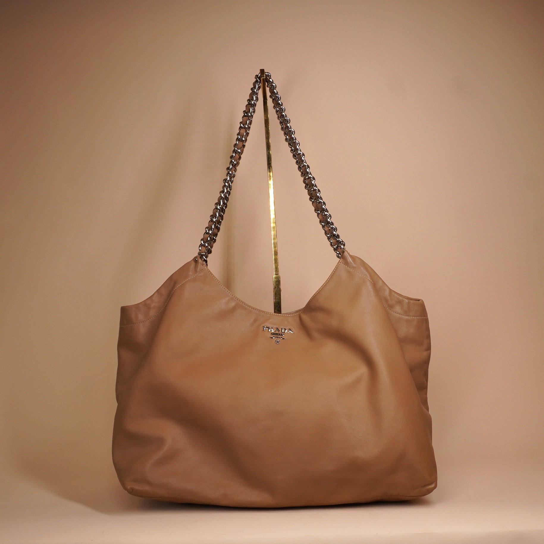 PRE-OWNED Camel Soft Calf Chain Tote Shoulder Bag