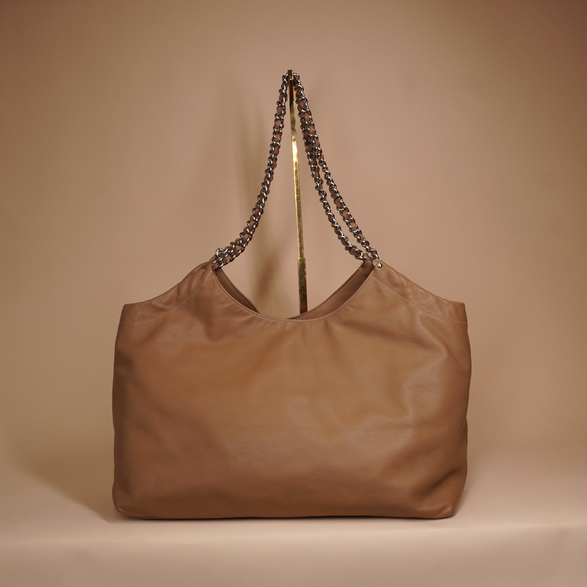 PRE-OWNED Camel Soft Calf Chain Tote Shoulder Bag