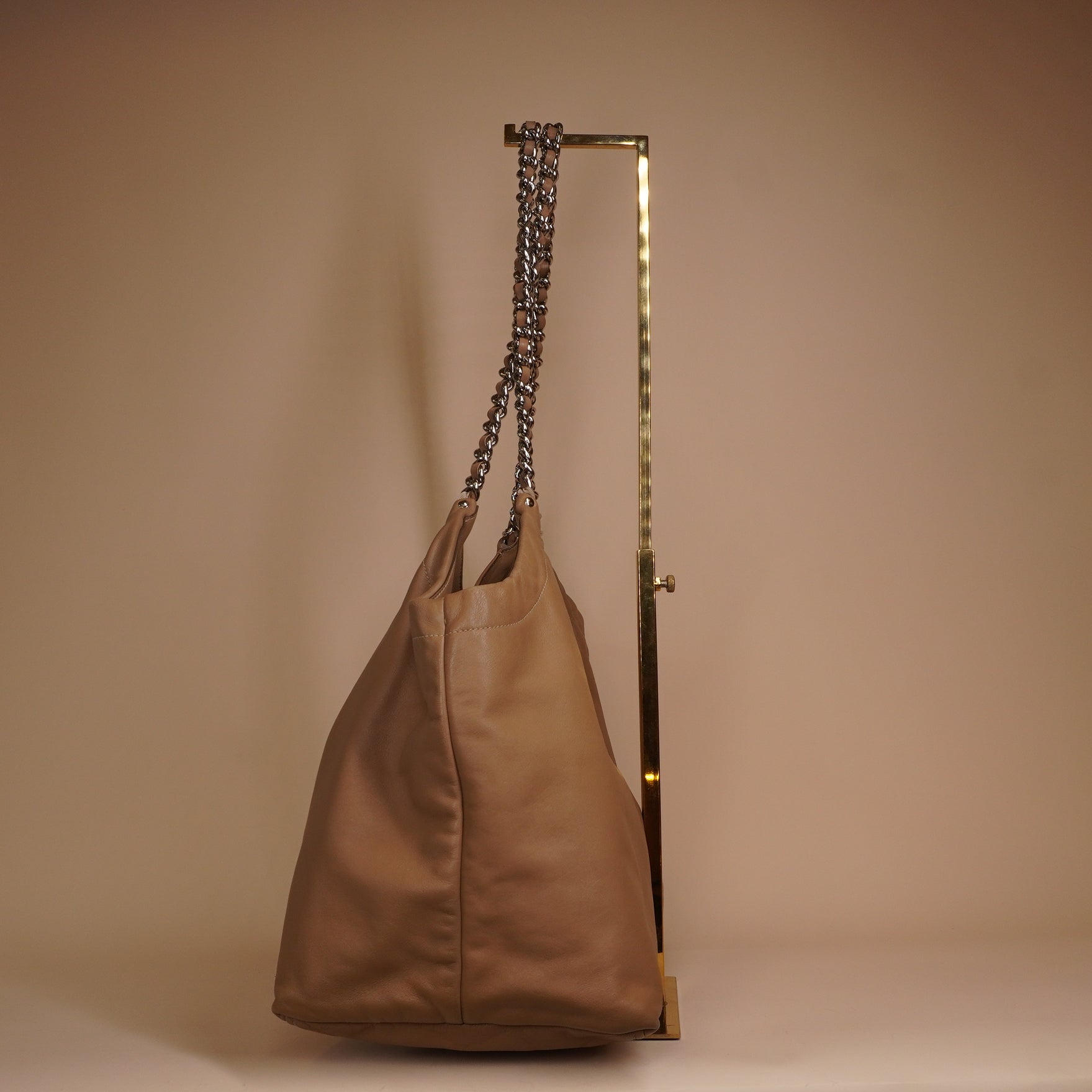 PRE-OWNED Camel Soft Calf Chain Tote Shoulder Bag