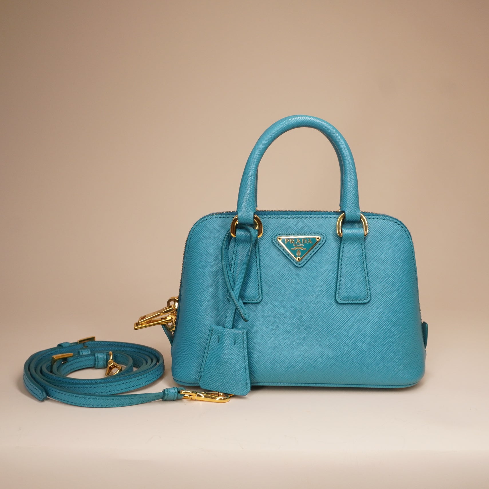 PRE-OWNED Teal Blue Saffiano Leather Mini Promenade Crossbody Bag