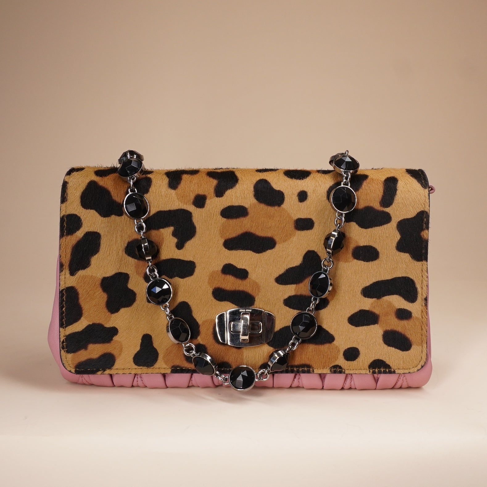 PRE-OWNED Cavallino Calf Hair Leopard Print Nappa Matelasse Crystal Chain Shoulder Bag