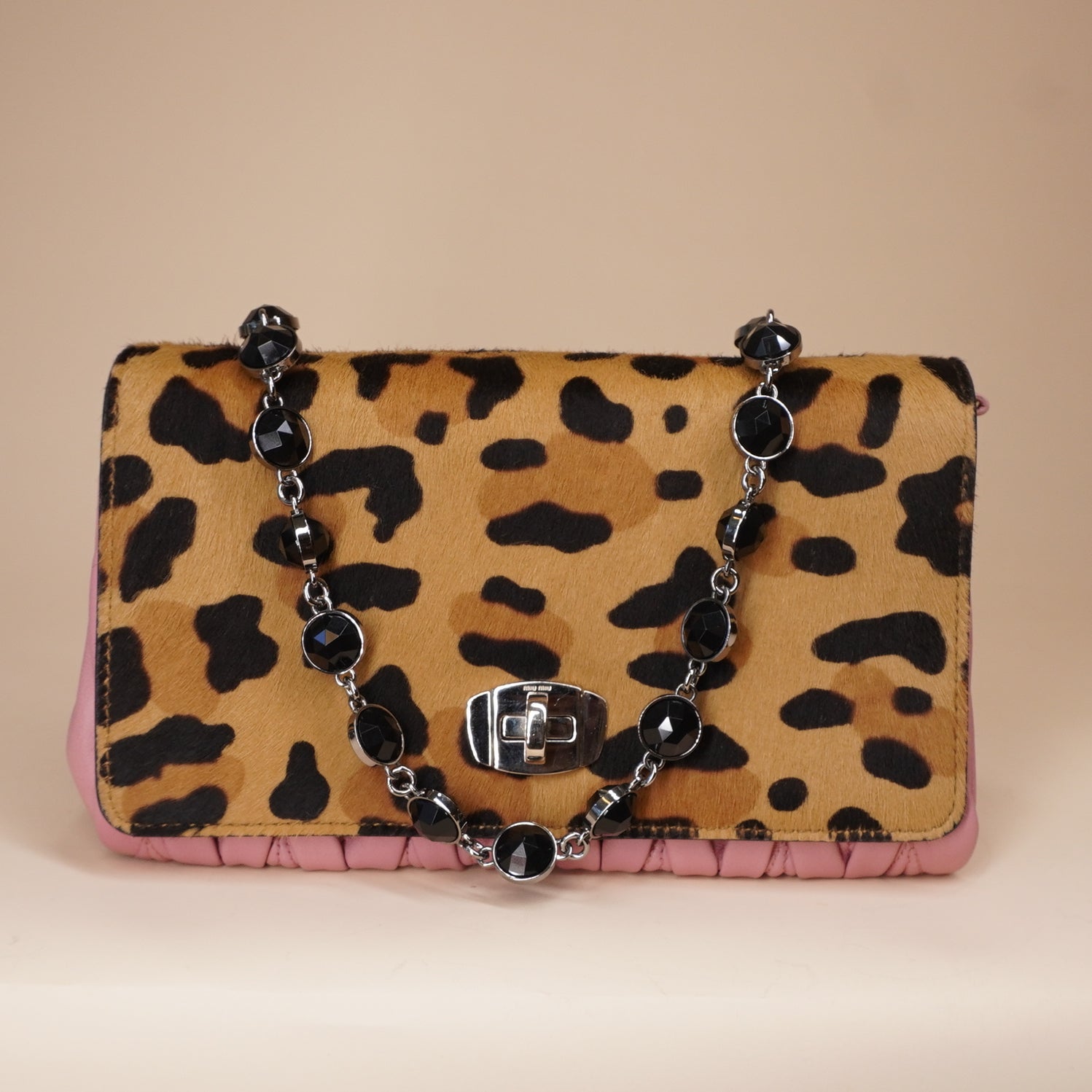 PRE-OWNED Cavallino Calf Hair Leopard Print Nappa Matelasse Crystal Chain Shoulder Bag