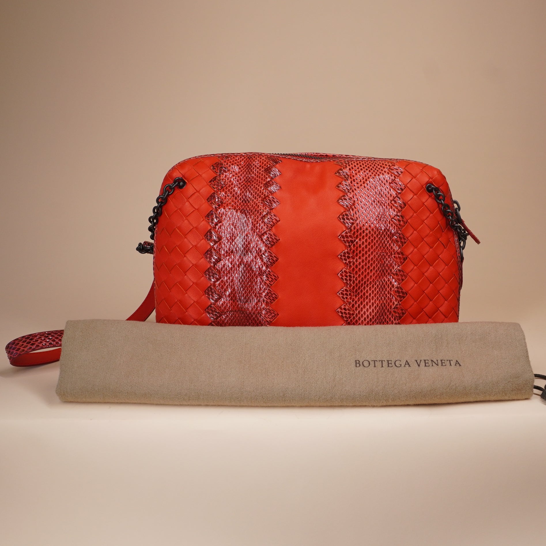 PRE-OWNED Red Intrecciato Leather and Snakeskin Ayers Crossbody Bag