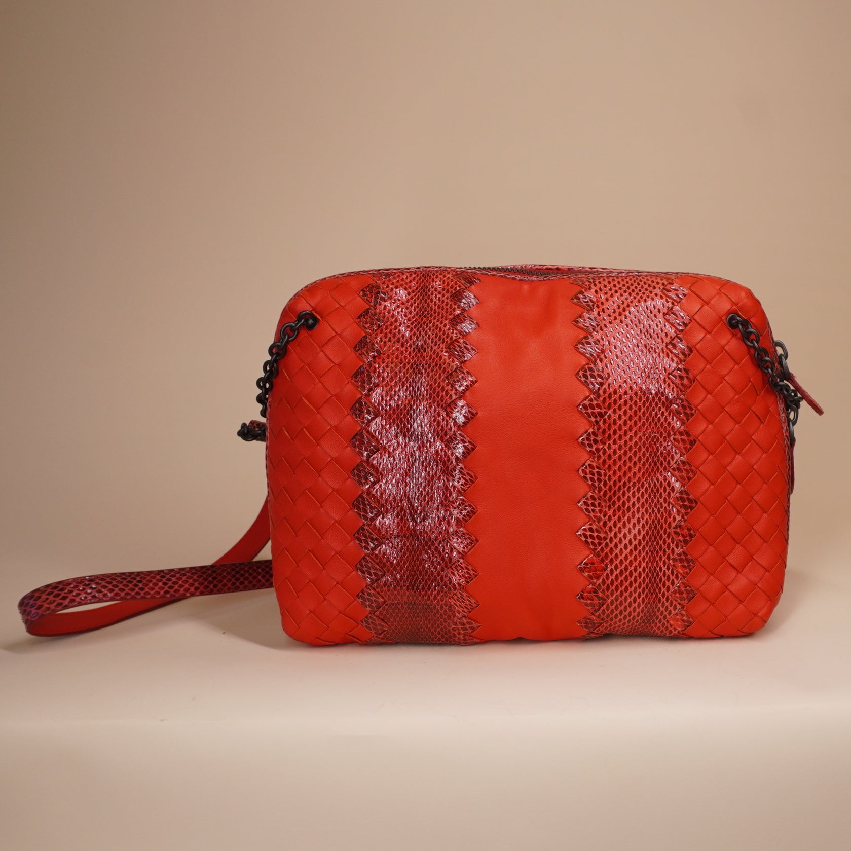 PRE-OWNED Red Intrecciato Leather and Snakeskin Ayers Crossbody Bag