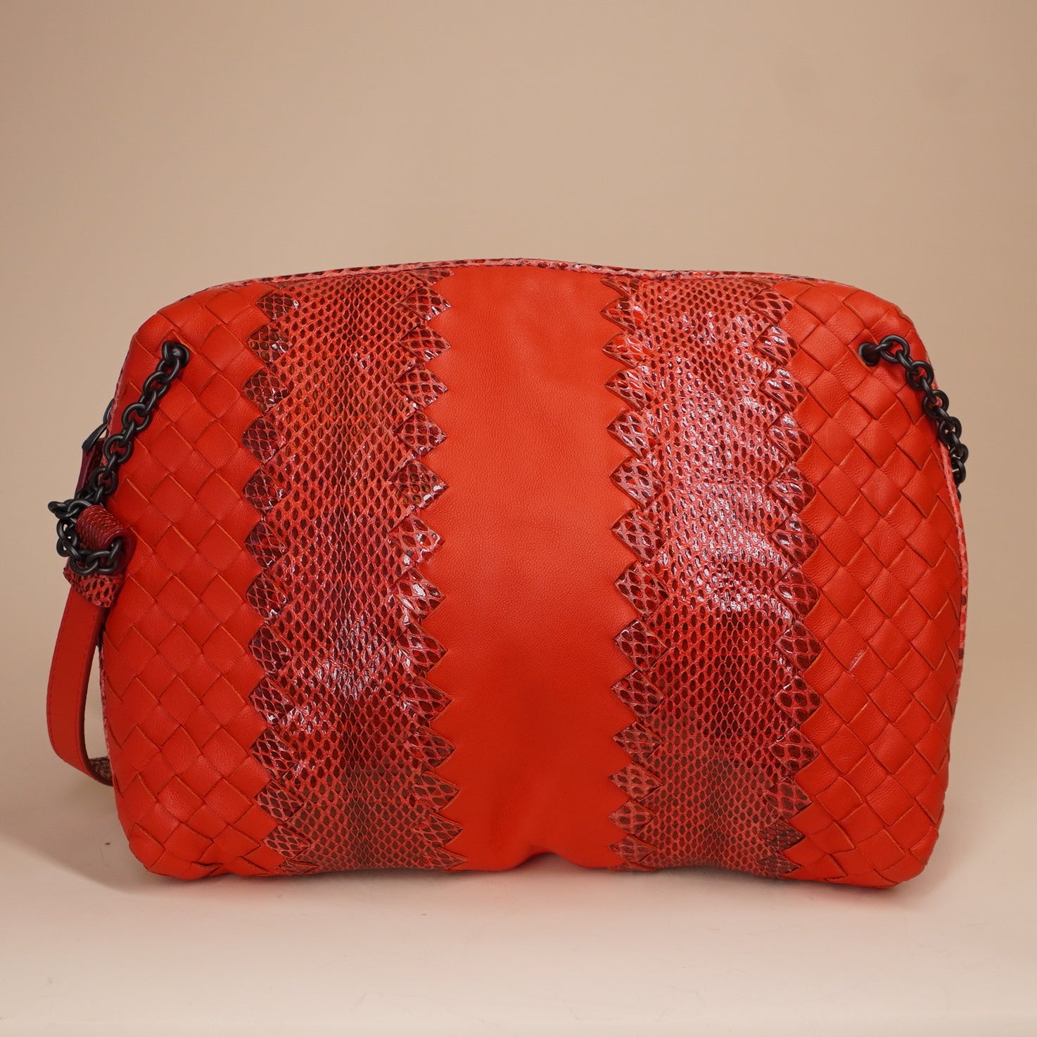 PRE-OWNED Red Intrecciato Leather and Snakeskin Ayers Crossbody Bag