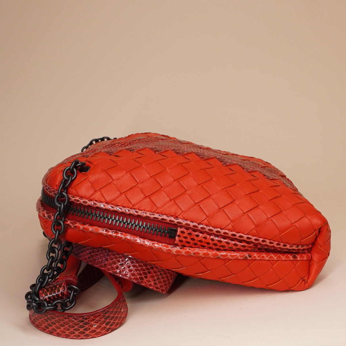 PRE-OWNED Red Intrecciato Leather and Snakeskin Ayers Crossbody Bag