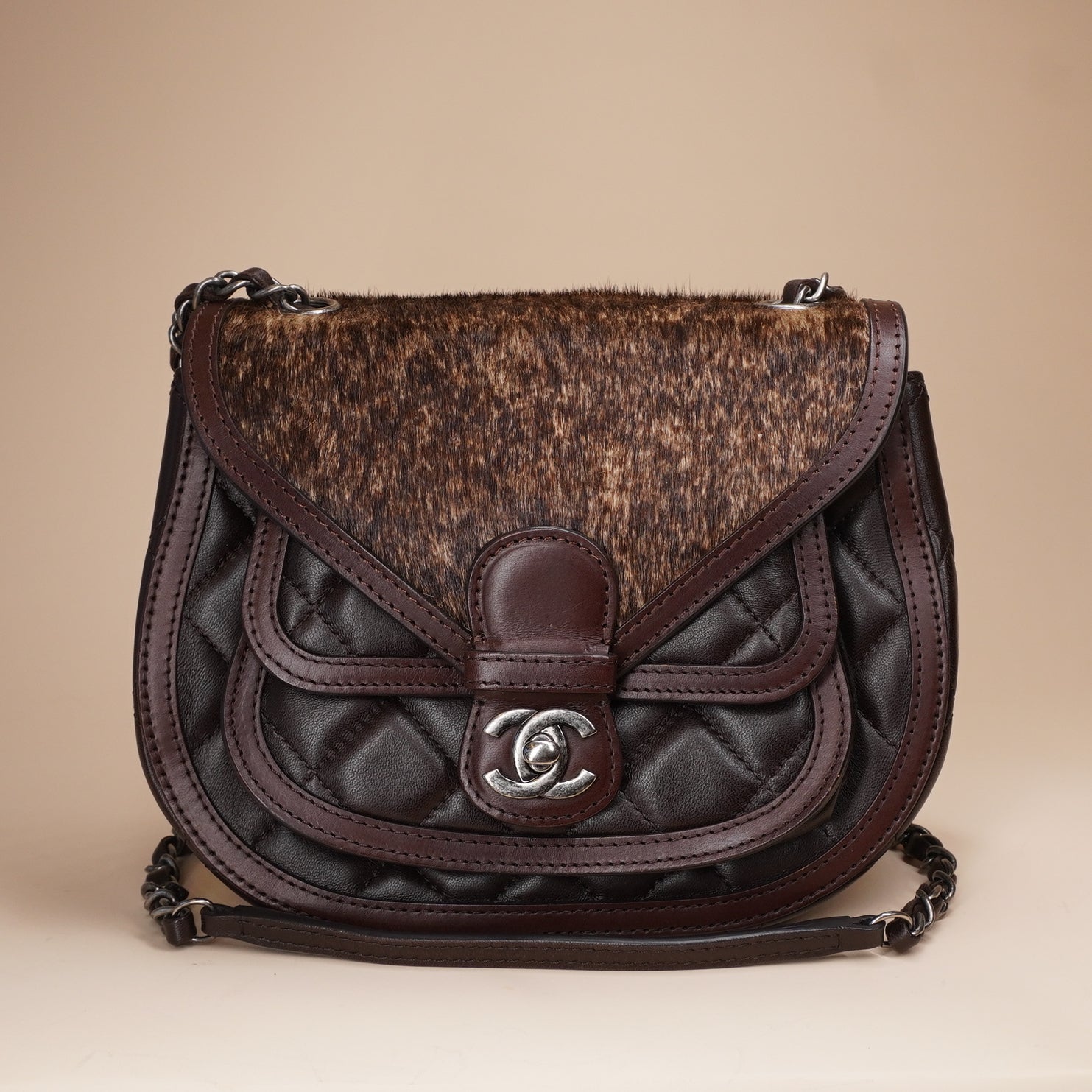 PRE-OWNED CC Lambskin Pony Hair Saddle Bag Dark Brown