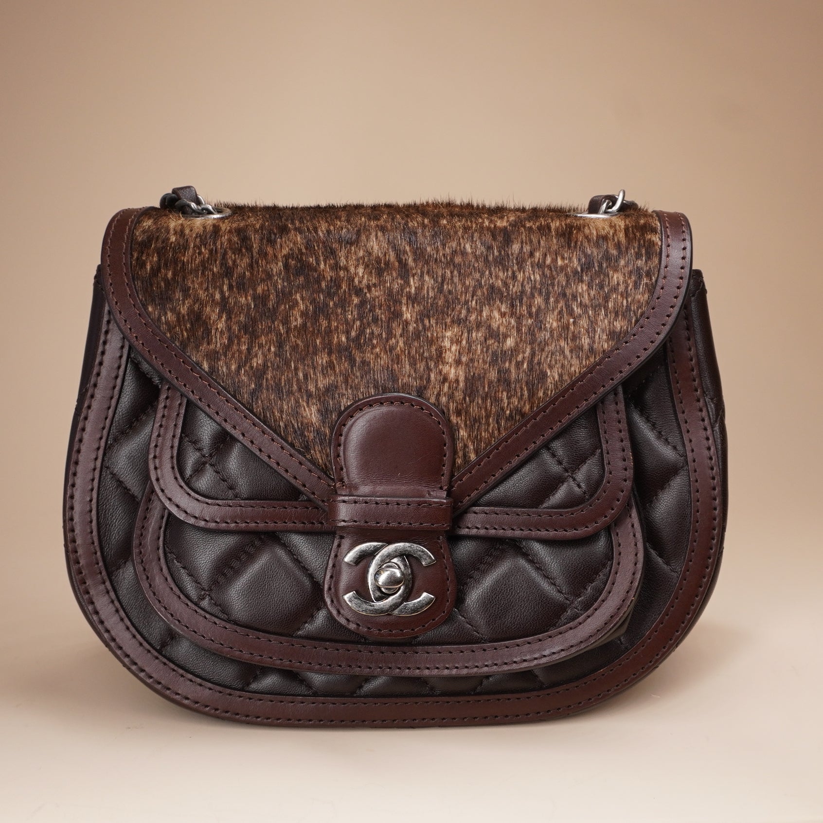PRE-OWNED CC Lambskin Pony Hair Saddle Bag Dark Brown
