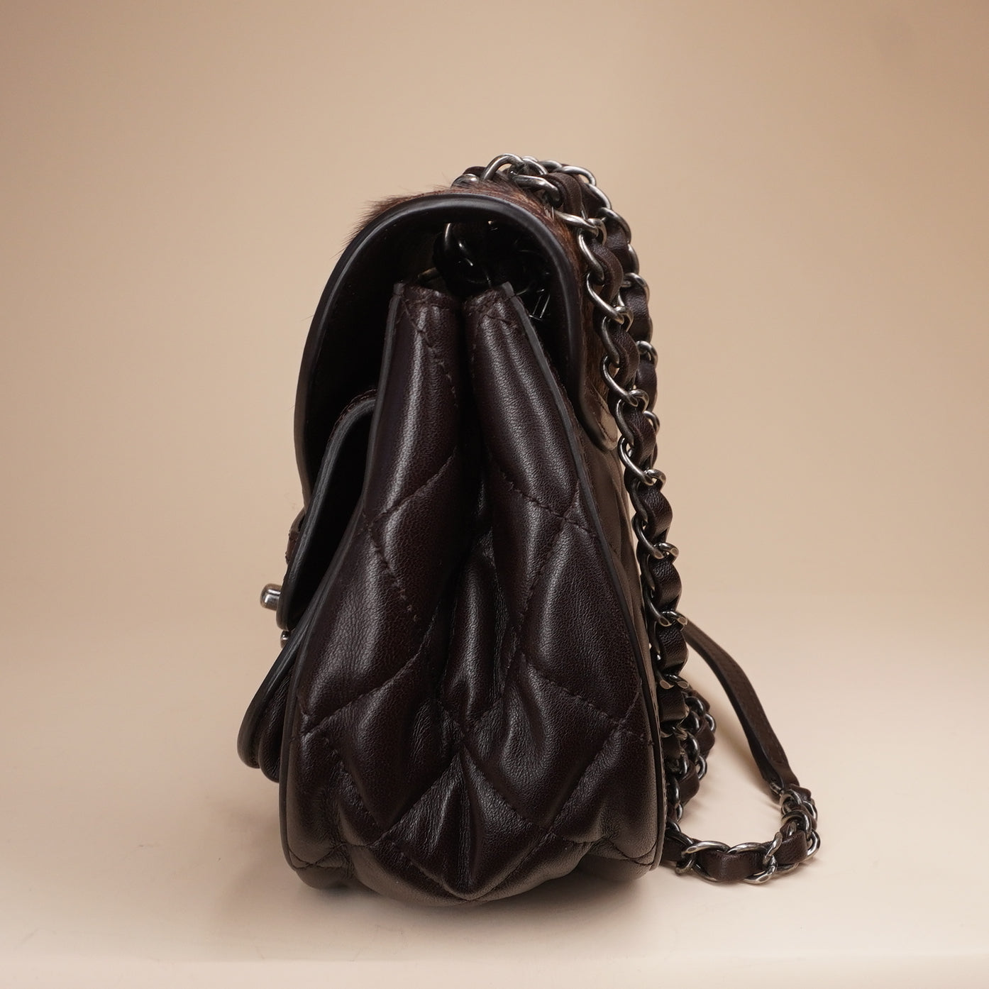 PRE-OWNED CC Lambskin Pony Hair Saddle Bag Dark Brown